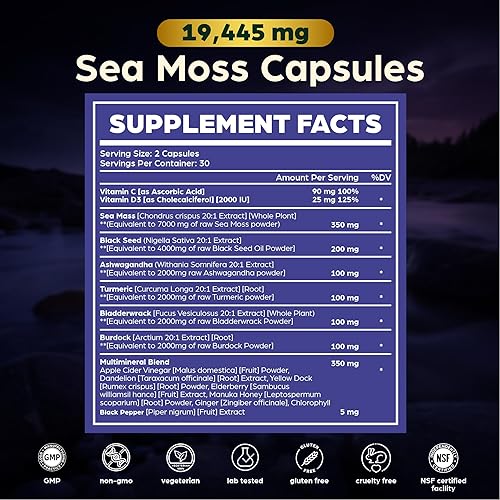 Miniatura 6 de Anuva Cápsulas de musgo marino 16 en 1  Aceite de semilla negra, Ashwagandha, con vitamina C, D3, cúrcuma, bardana, vejiga y multinerales  Apoyo