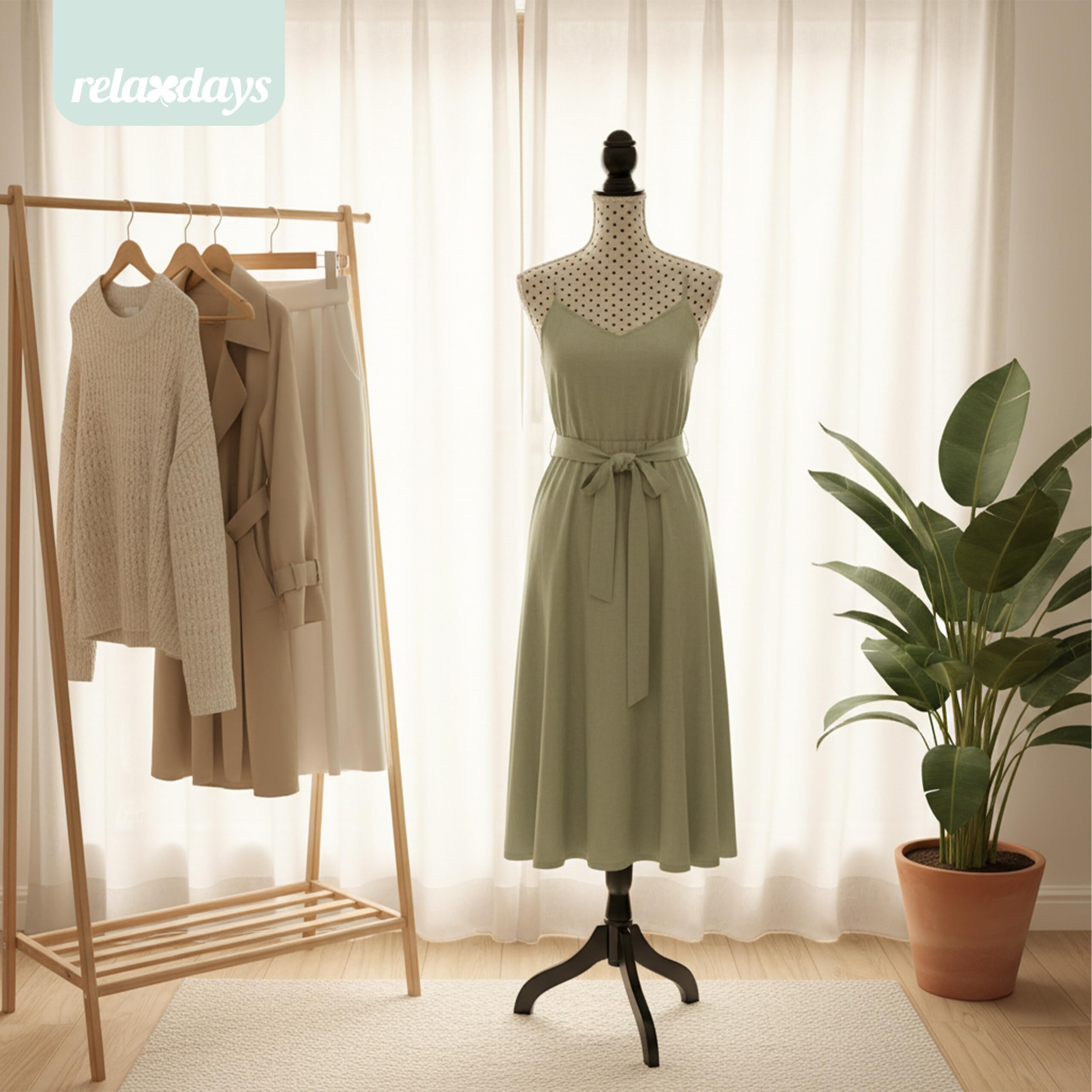 Relaxdays Schneiderpuppe, weiblich, Größe 36/38, verstellbar 130–167 cm, gepunktet, Holzständer, Nähpuppe, beige/schwarz