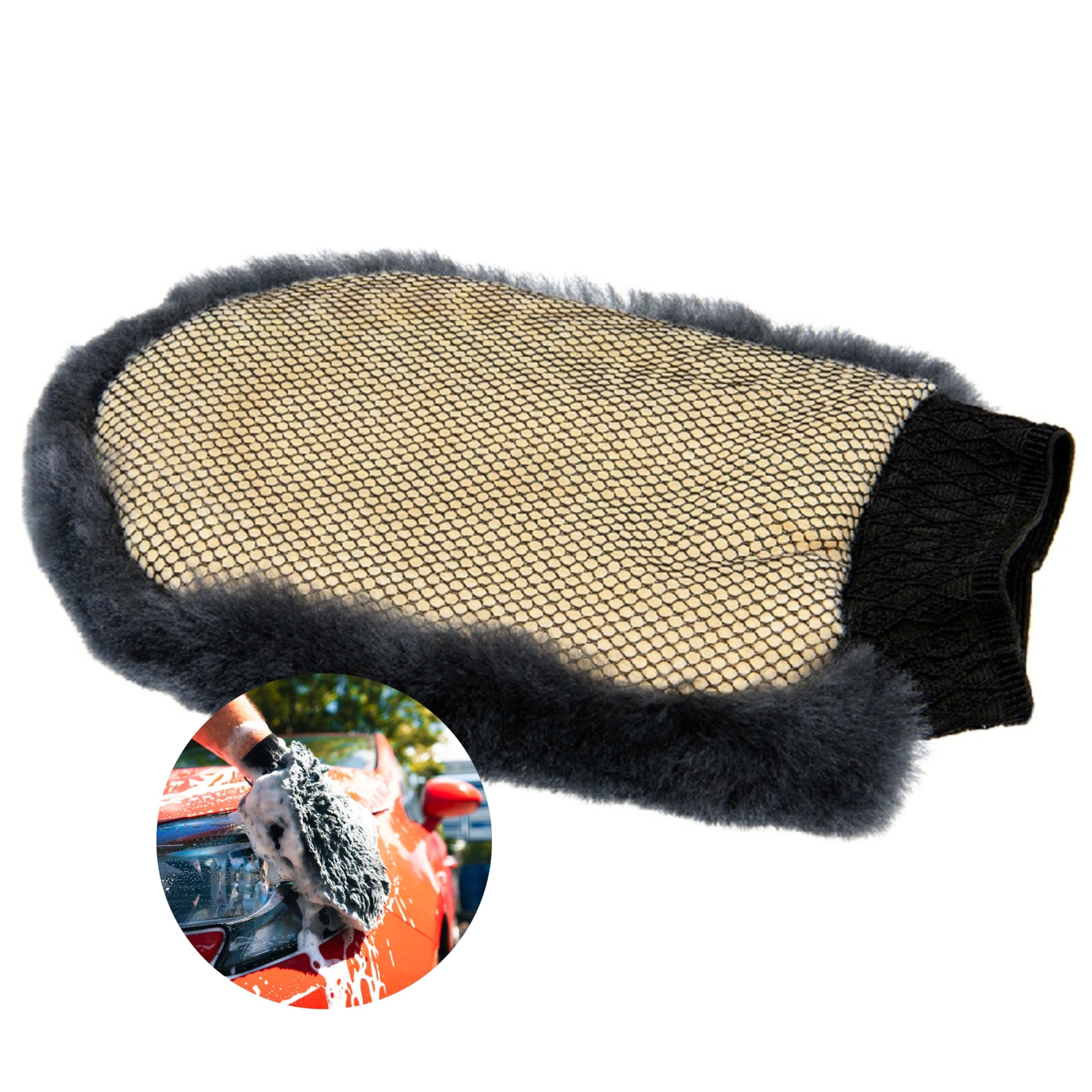 Tek Automotive 2-in-1 Genuine Lambswool Car Wash Mitt Glove with Mesh Bug & Tar Remover – Ultra-Soft Cleaning Mitt for Car Washing, Non-Scratch Wash Mitt, Car Care Accessory for Wheels & Paintwork