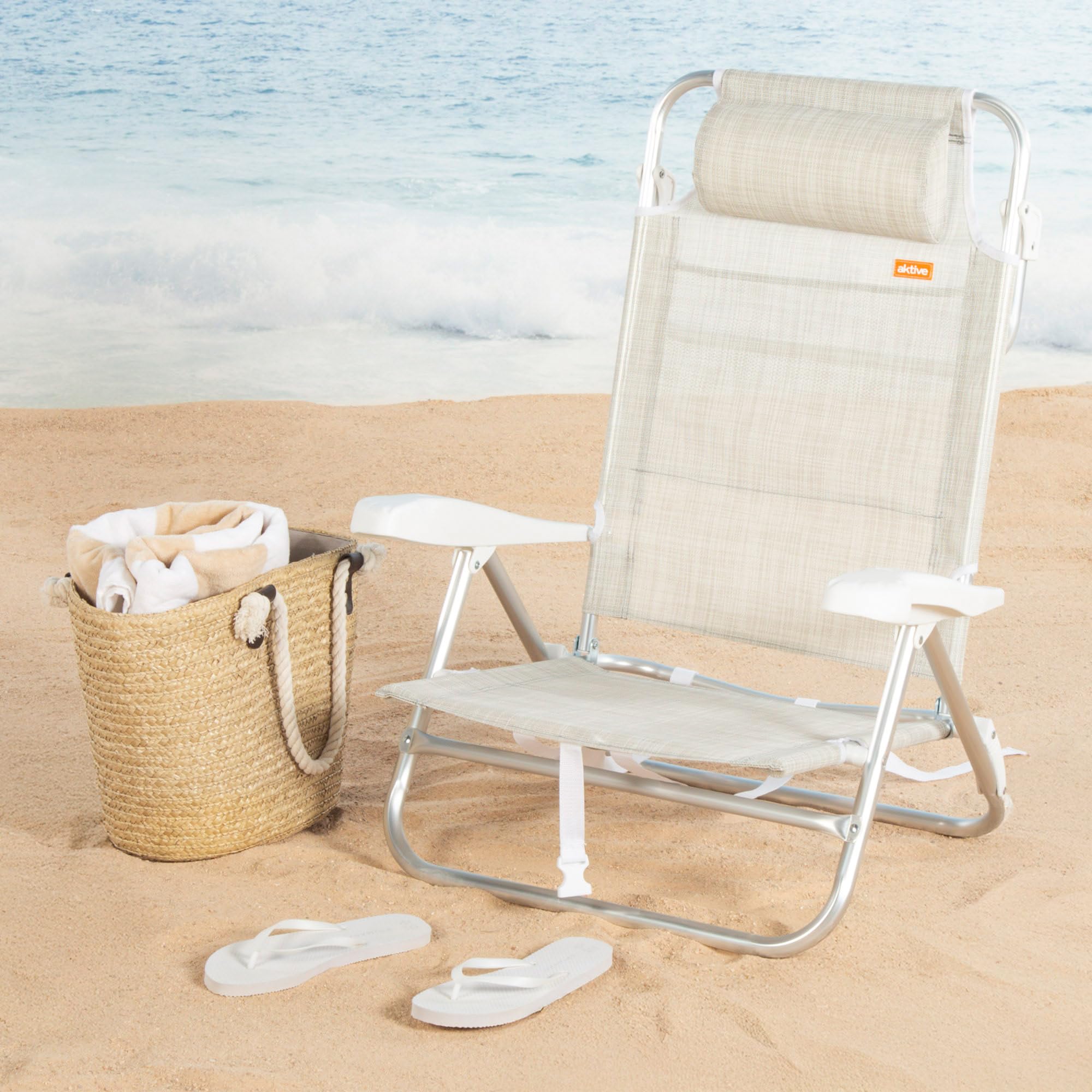 AKTIVE Chaise de Plage Pliable, Beige, Multipositions 8 Positions, textilène et Aluminium, 47 x 49 x 82 cm, Charge 110 kg, avec poignée de Transport