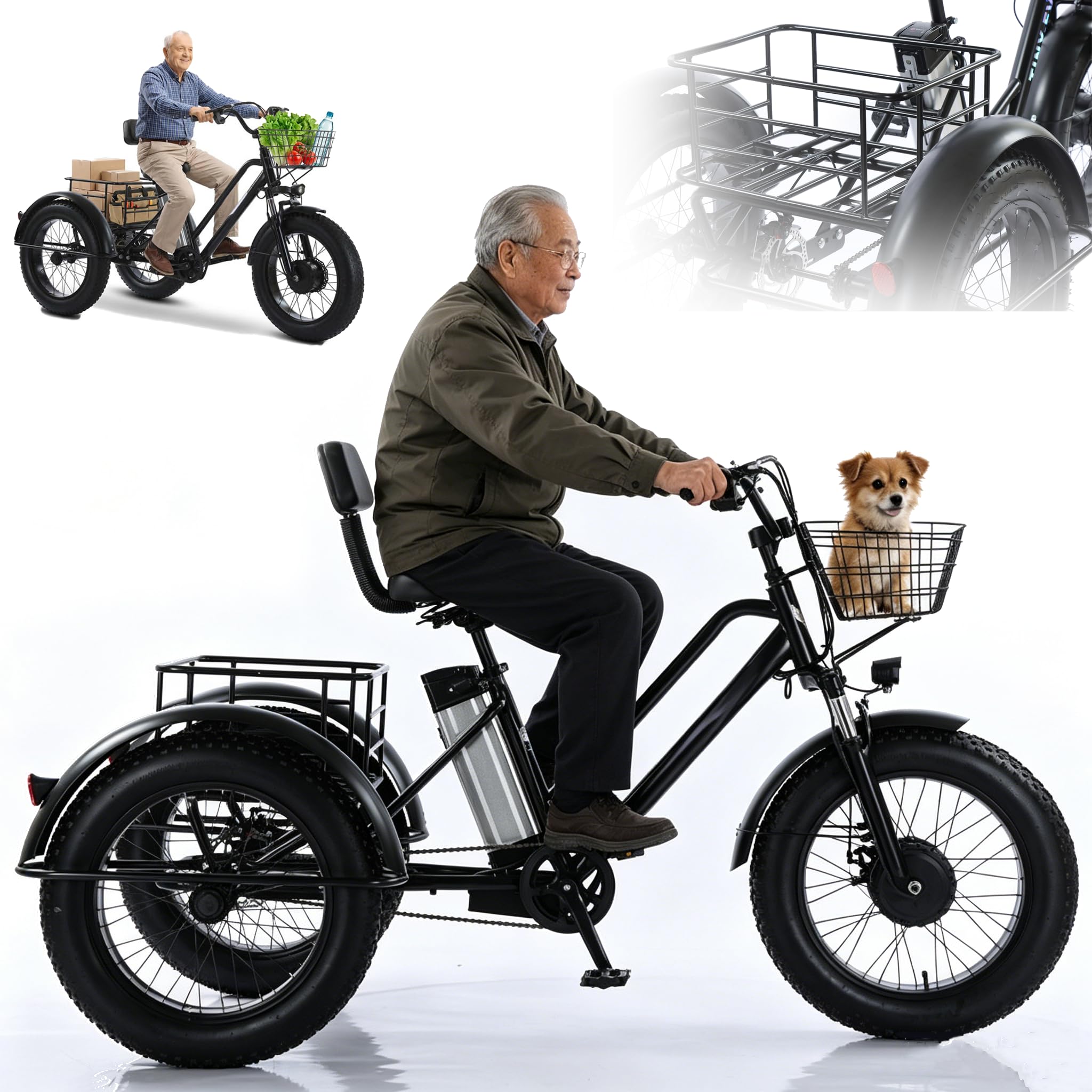 20" Adult Electric Trike - Load 200Kg, 3 Wheels E-Bicycle with Large Basket, All-Terrain E-Bike for Adults and Teens, 48V/12Ah Removable Battery, Range 45km, Ideal for Commuting and Short Trips