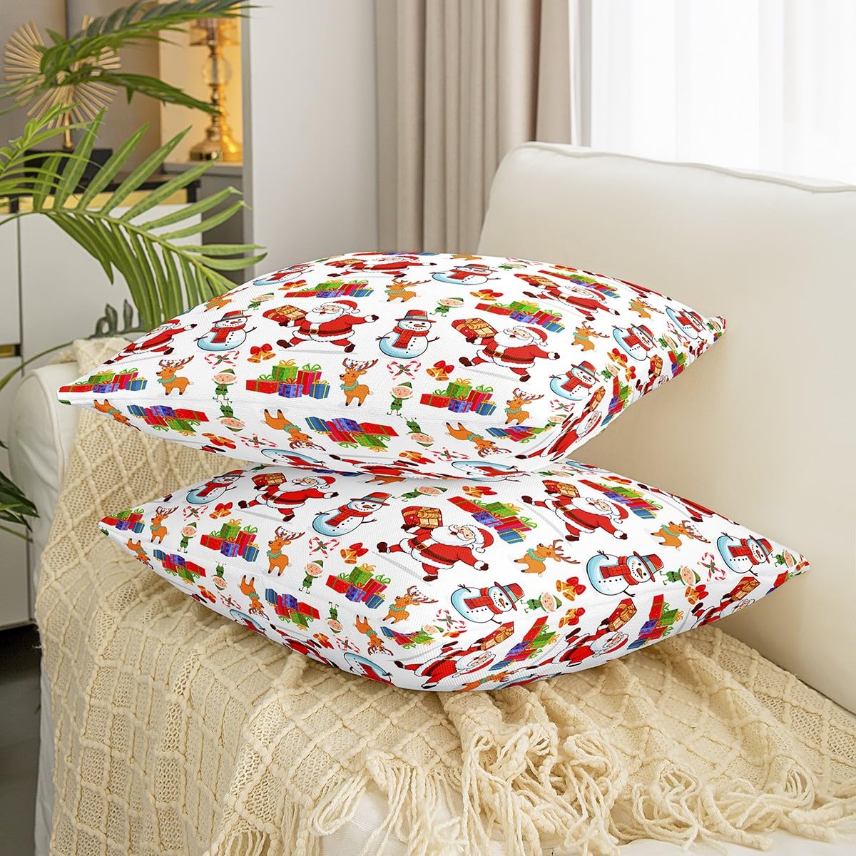 Homemissing Juego de 4 fundas de almohada navideñas de 50 x 50 cm, diseño de muñeco de nieve y ciervo, fundas de almohada decorativas para sofá, cama, silla, coche, Papá Noel, caramelos, fundas de