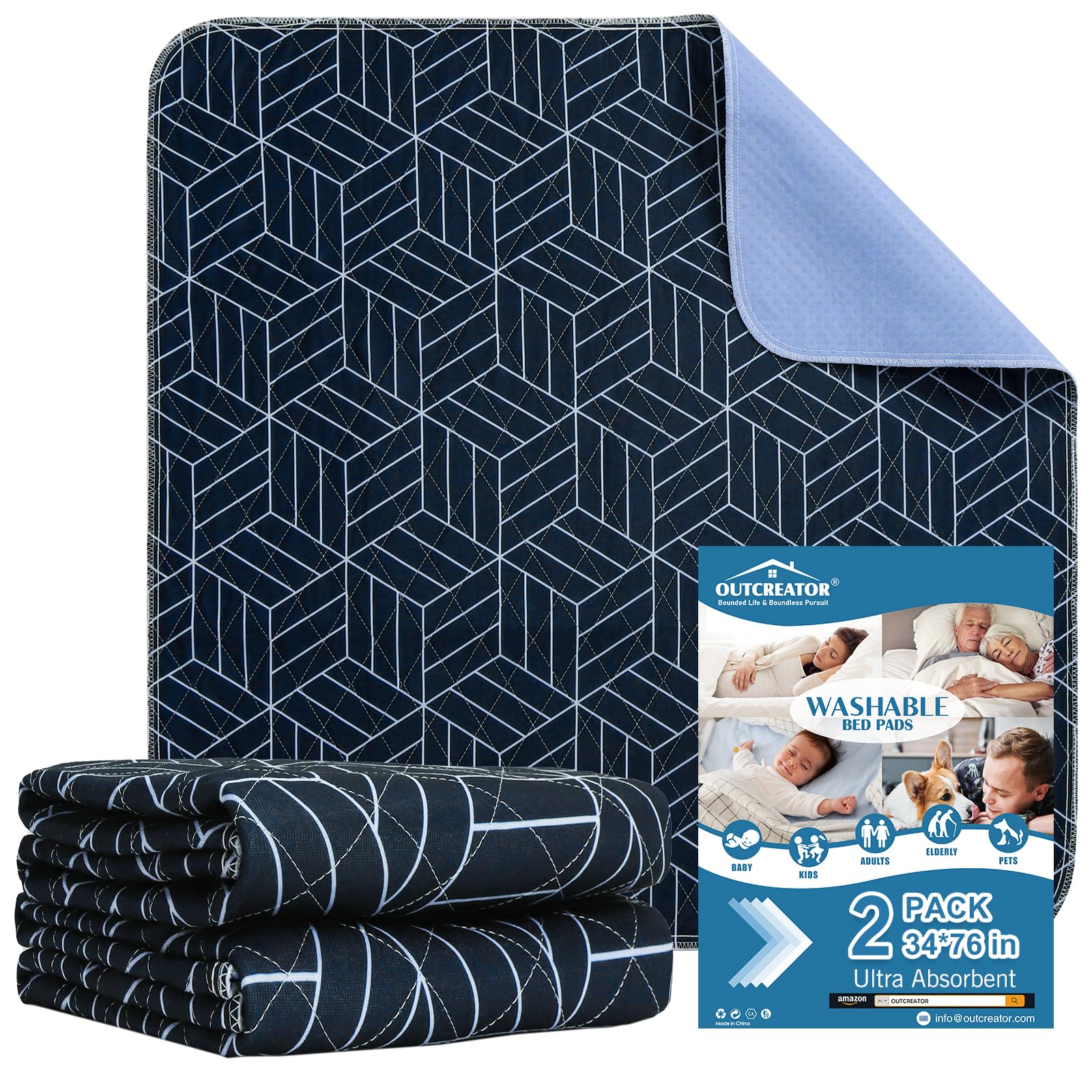 OUTCREATOR® Washable Bed Pads 34" x 76" (Pack of 2), Incontinence Mattress Protector, Anti-Slip Waterproof Underpads for Adults Kids Elderly Pets, Absorbency & Reusable Bedwetting Pads (Navy Blue)