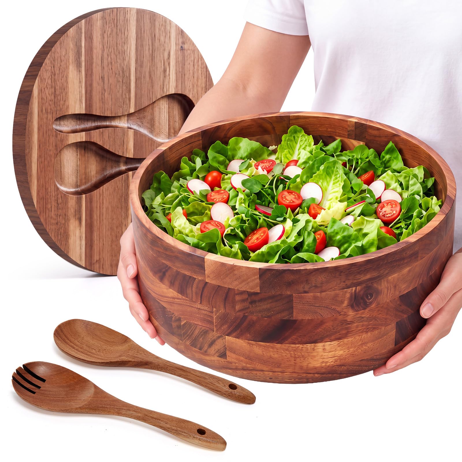 15" x 4.5" Extra Large Acacia Wood Salad Bowl Set, 2-in-1