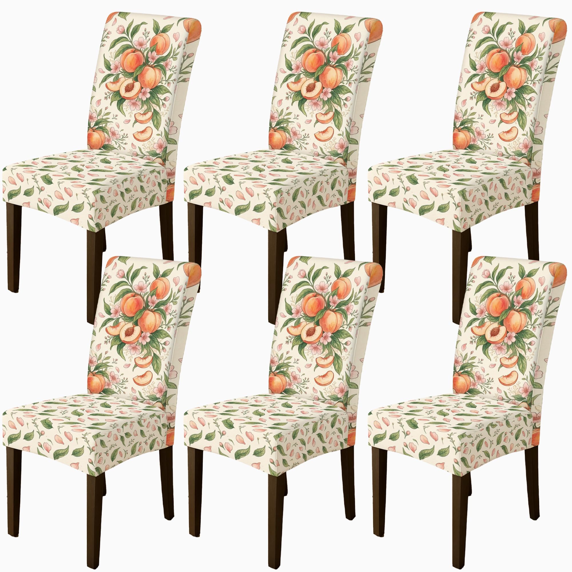 Lot de 6 housses de chaise élasthanne lavables motif fleurs et pêche pour cuisine