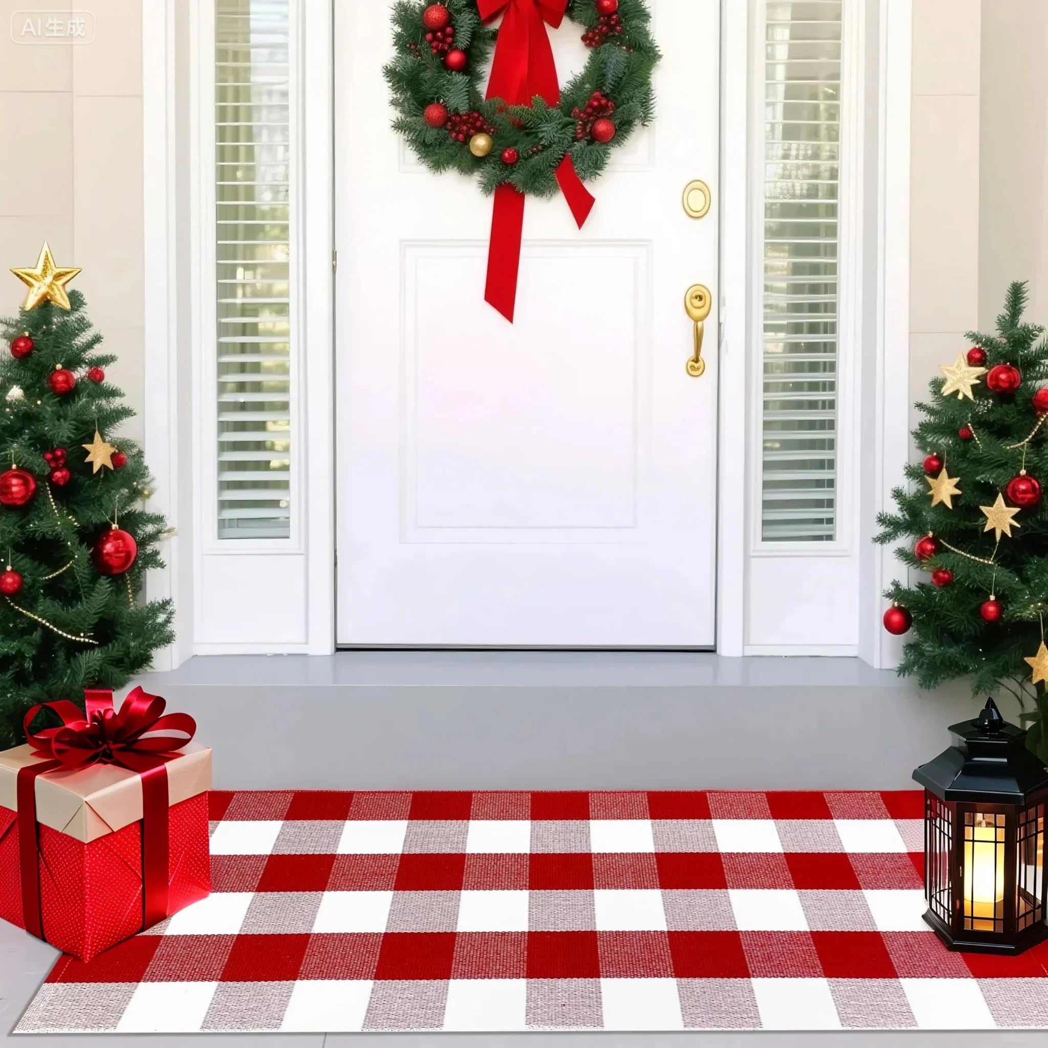 USTIDE Cotton Buffalo Plaid Rug Red&White Check Rugs 23.6"X51" Hand-Woven Indoor or Outdoor Rugs for Layered Door Mats Washable Carpet for Front Porch/Kitchen/Farmhouse/Entryway