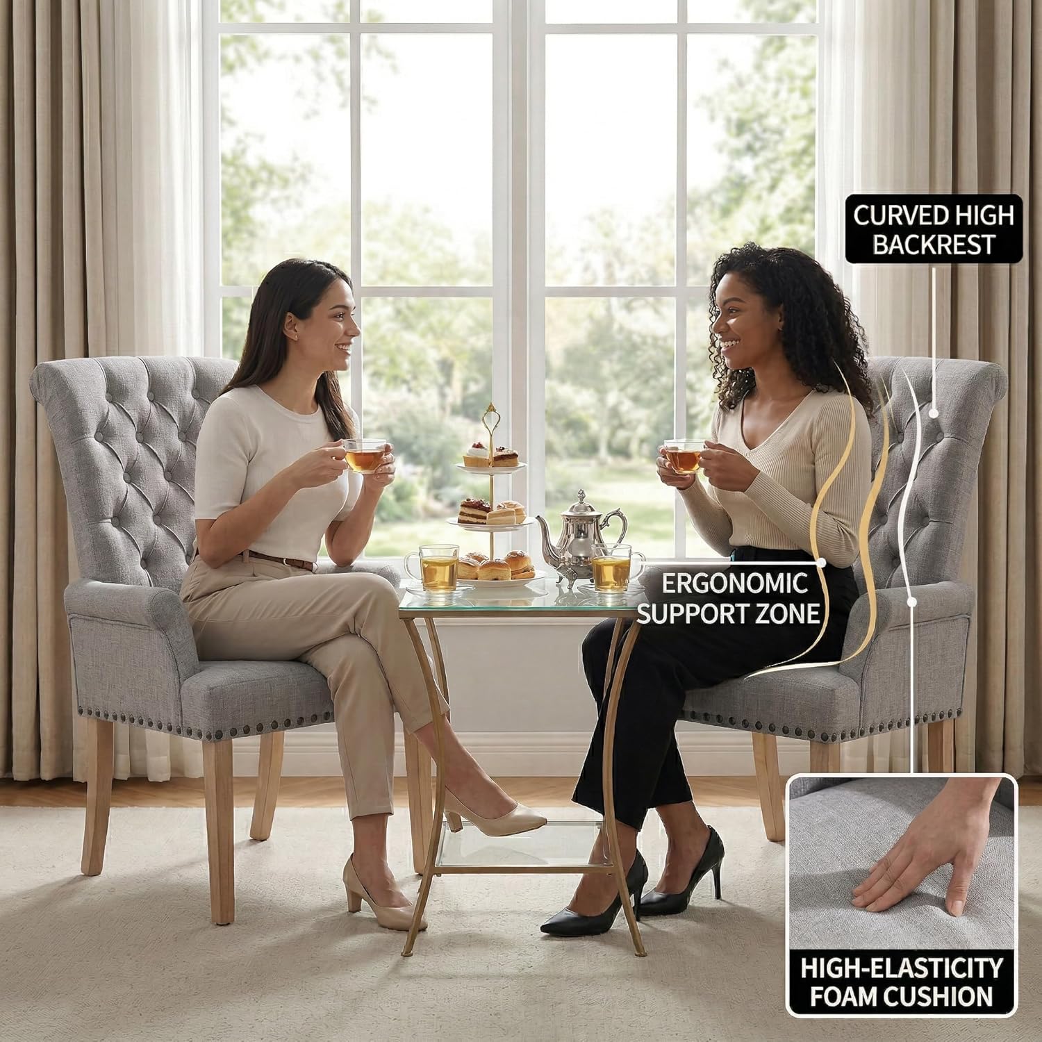 Modern Backrest Cushioned Dining Chair, Button Decorated Armrest Linen Chair with Oak Leg Suitable for Dining Room and Bedroom (Smoke Grey)