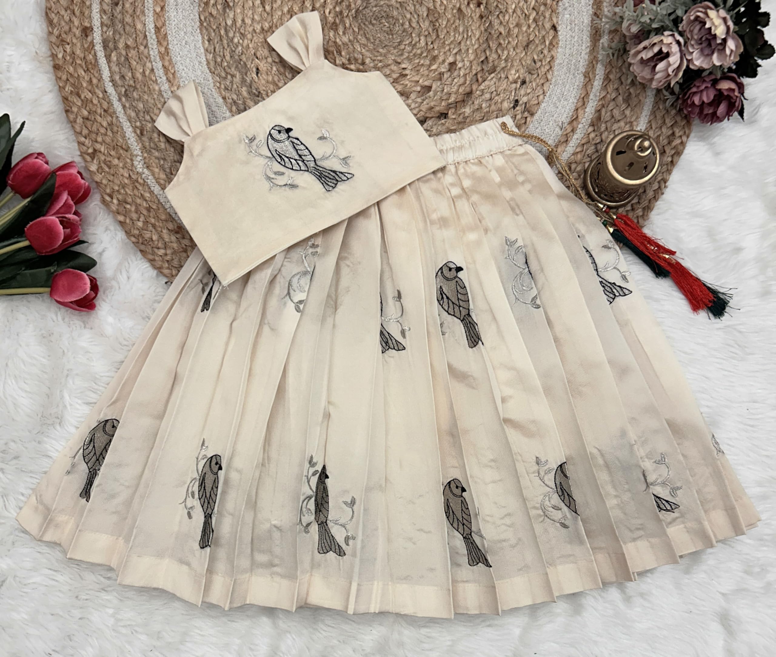 FELIZ THE DESIGNER STUDIO Baby Girl's Cream Flared Cotton Silk Sleeveless Lehenga Choli Set Pattu pavadai for Kids Girl's-7-8 Years - Image 2 thumbnail