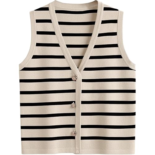LILLUSORY Vest for Women Striped Dressy Tops Cropped Tank Tops 2024 Summer Sleeveless Button Up Cardigan Sweater Vests