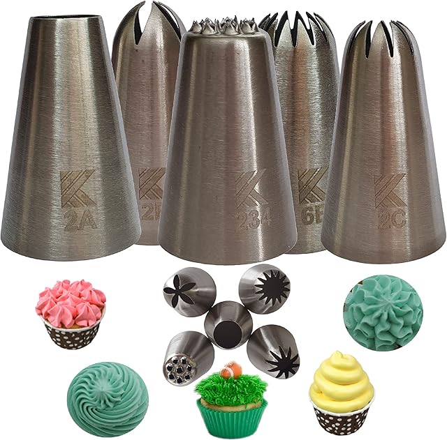 Large Stainless Steel Icing Piping Nozzle Tips Set of 5 for Baking and Cake Cupcake Cookie Decorating 2A 2C 2B 6B 234 Drop Flower Starts Shells Swirls in a Box