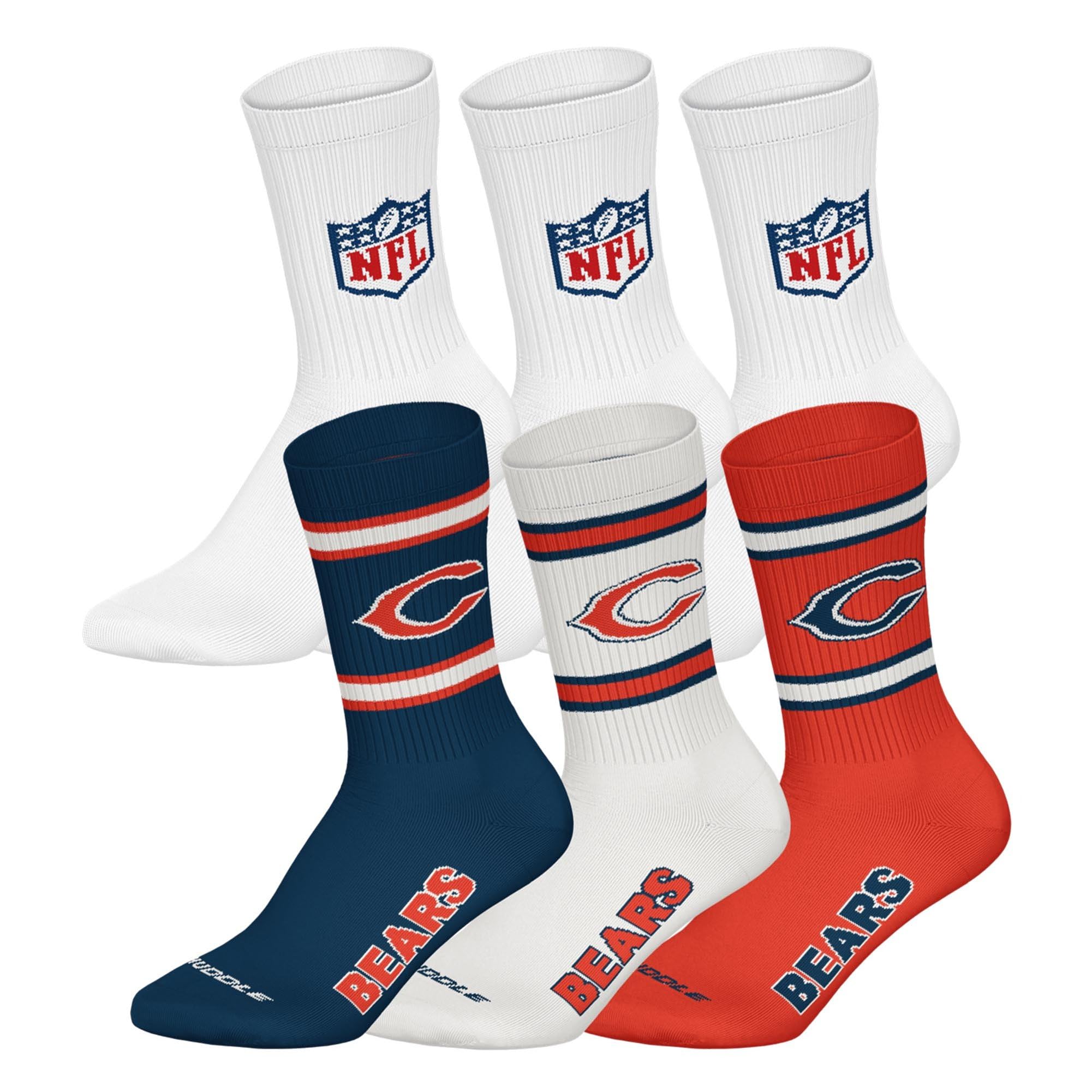 NFL Unisex Team Crew Socks, Chicago Bears, White, 39-42, Pack of 6