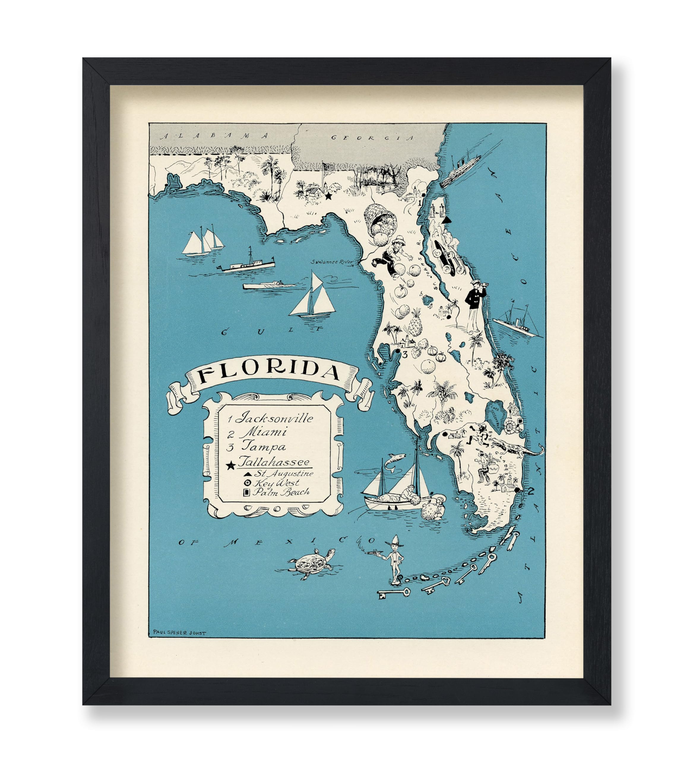 Monem Art Vintage Map Poster - Retro Florida Print - Pictorial Cartoon Map Art - Gift for Men, Women, Travel Lover - Fun Decor for Bedroom, Kid's Room