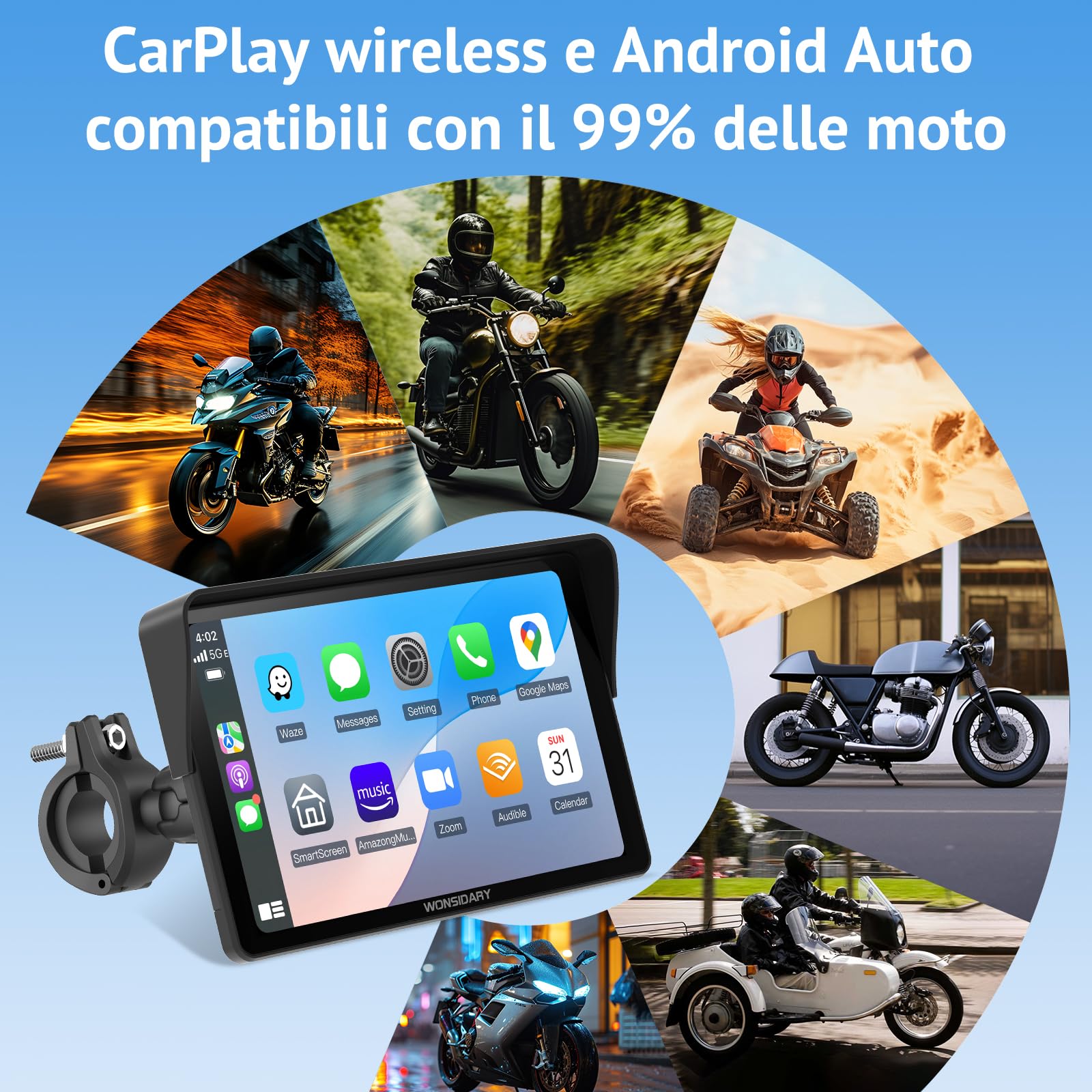 Senza Fili Schermo Carplay Per Moto,Navigatore Moto da 7 Pollici per CarPlay e Android Auto,Navigatore GPS Impermeabile IP67 con Sensore di Luce,Doppio Bluetooth,Siri/Assistente G00gle,EQ
