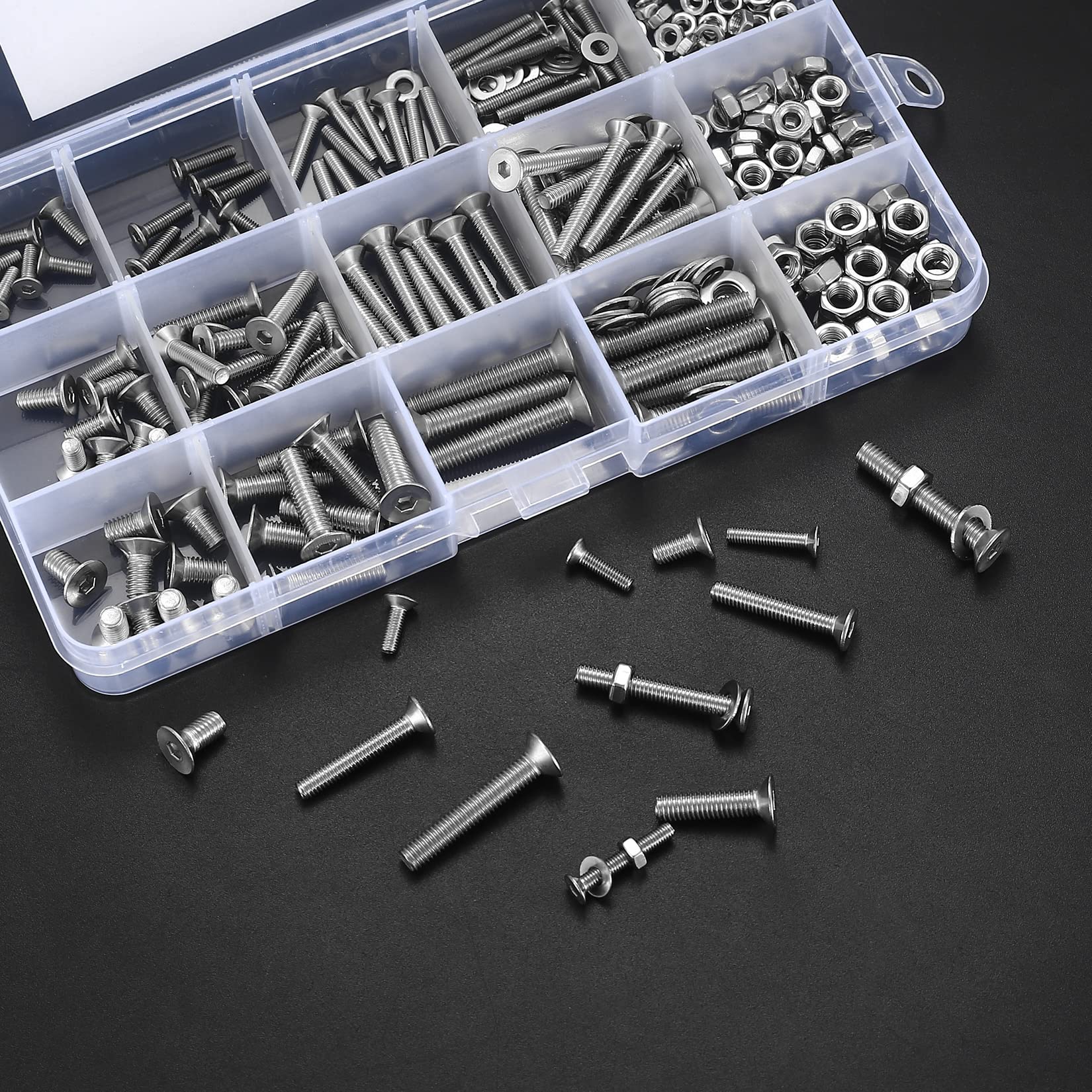 wugongshan 330 Set assortito di viti a testa piatta esagonale incassata e dadi e rondelle, M3 M4 M5 Viti in acciaio inossidabile e viti maschio Testa svasata Dadi e rondelle