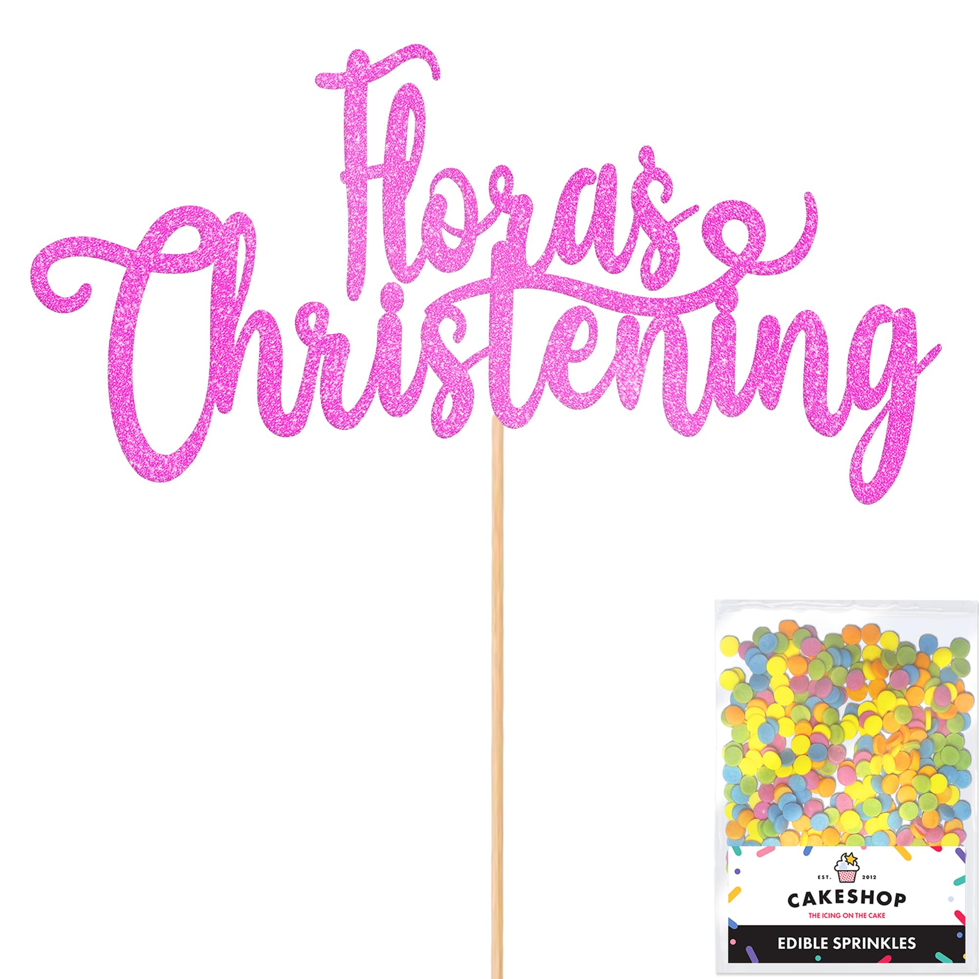 Cakeshop Personalised Christening Glitter Cake Topper With Sprinkles - Light Pink Custom Colour - Any Name - Double-Sided Glitter Card Cake Decoration - Custom Toppers for Cakes