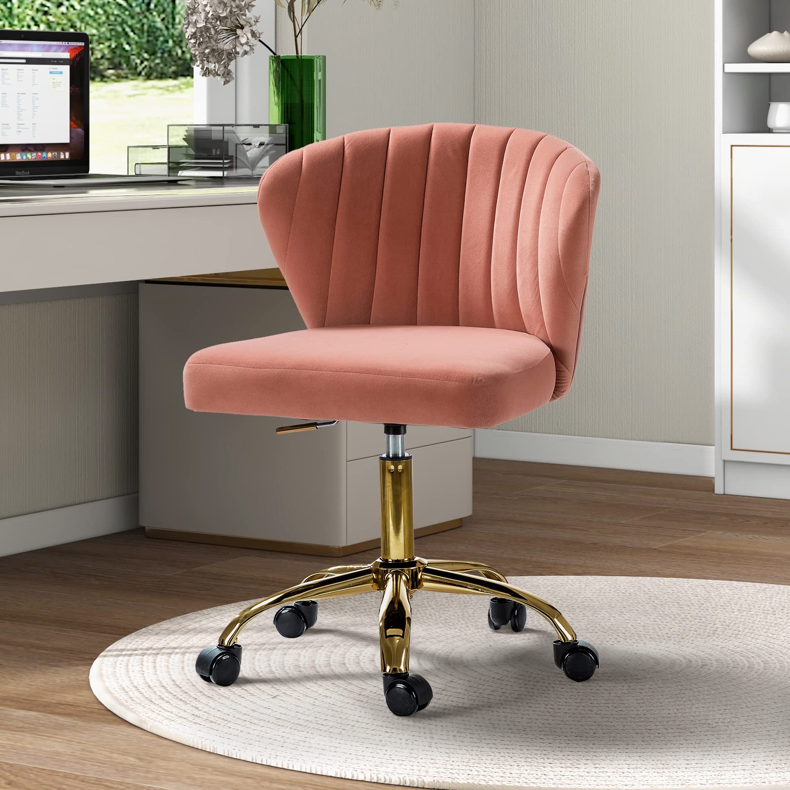 TINA'S HOME Office Desk Chairs with Wheels & Gold Base, Modern Velvet Cute Armless Office Chair, Adjustable Low Back Swivel Rolling Chair, Upholstered
