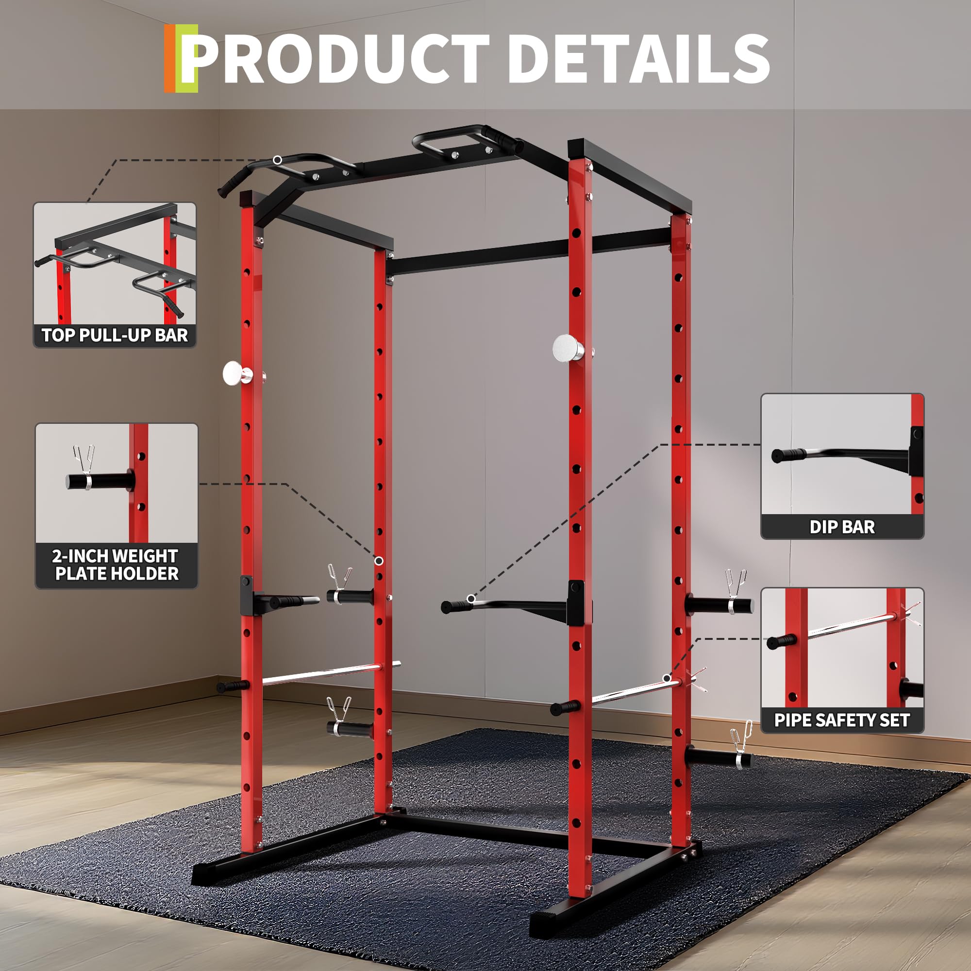 Garvee Cage de Musculation 1100 lbs pour Home Gym – Rack à Squat Multifonction avec Barre de Traction, Station dips, Barres de sécurité réglables – Idéal Force – Couleur Noir et rougeur