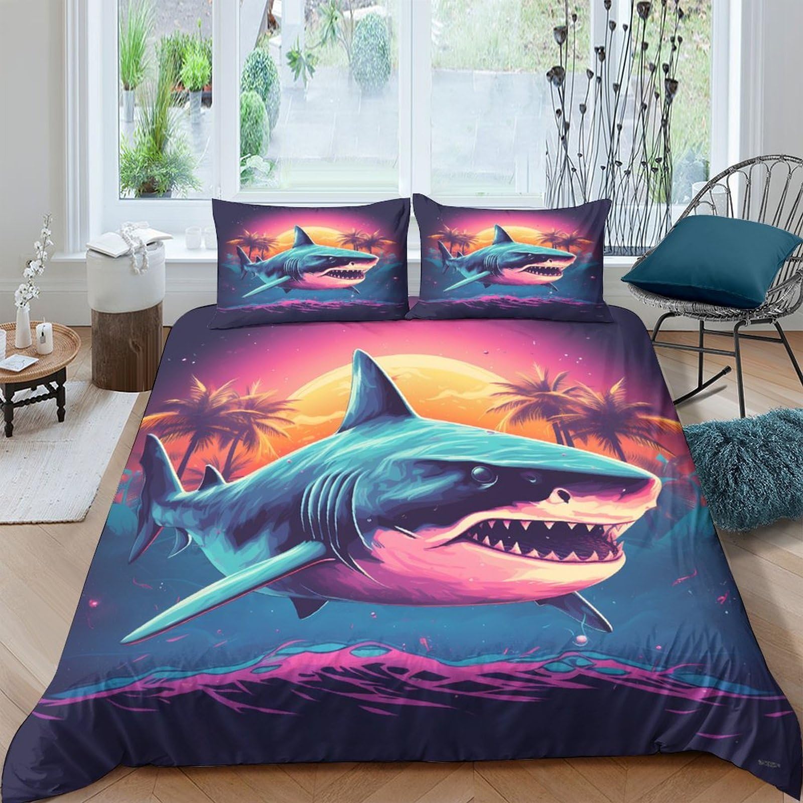 Ctjqhvkz Style-3 3D Printed Sunset Shark Fitted Sheet Microfiber Soft Breathable Beach Ocean Mattress Cover For Bedroom Dorm Decor Single（135X200cm）