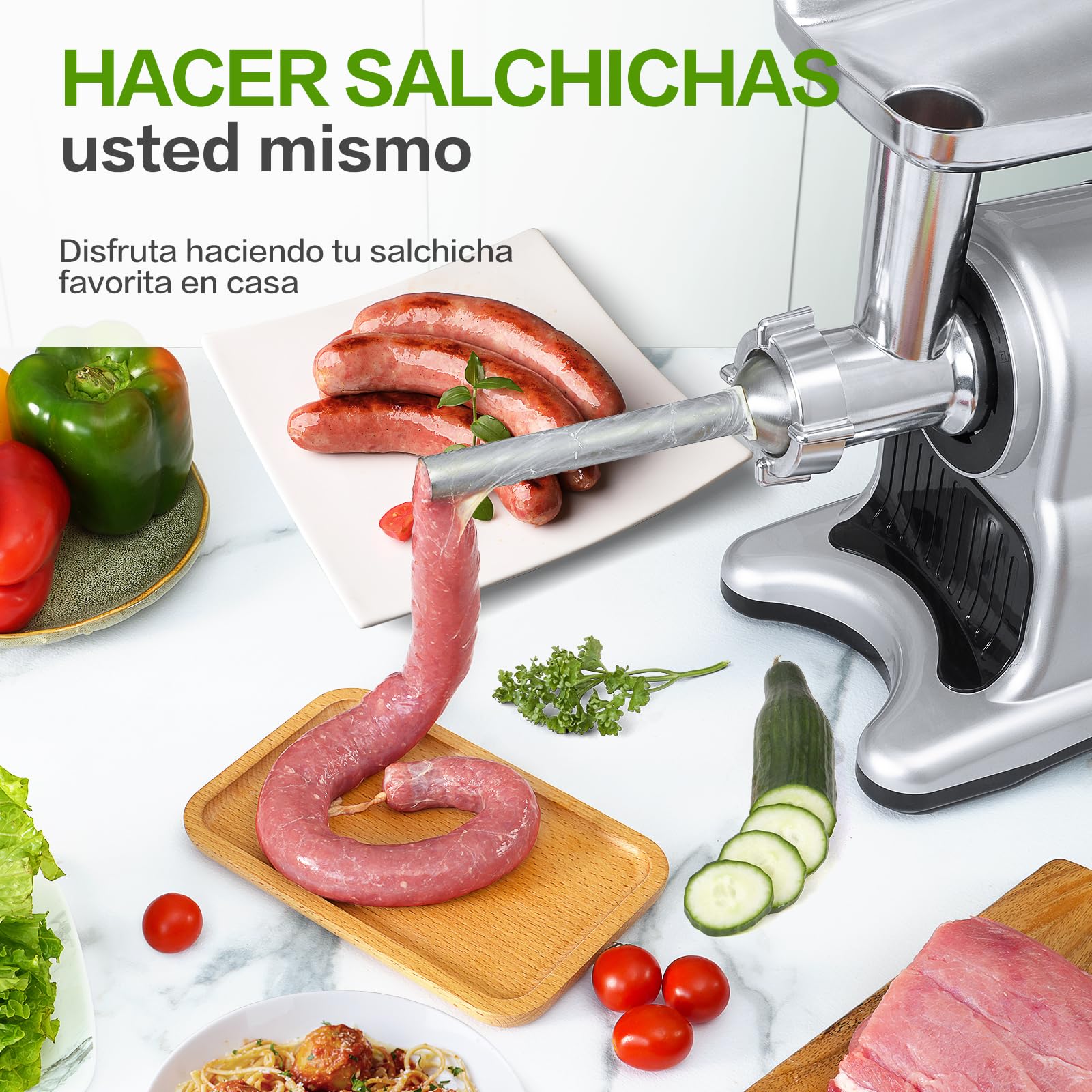 AMZCHEF Extractor 4 EN 1 - Extractor de Zumos y Verduras/Ralladores Eléctricos/Picadora de Carne/Elaborador de Salchichas - Juicer con Apertura de 80mm con Accesorios Multifuncionales - Plata
