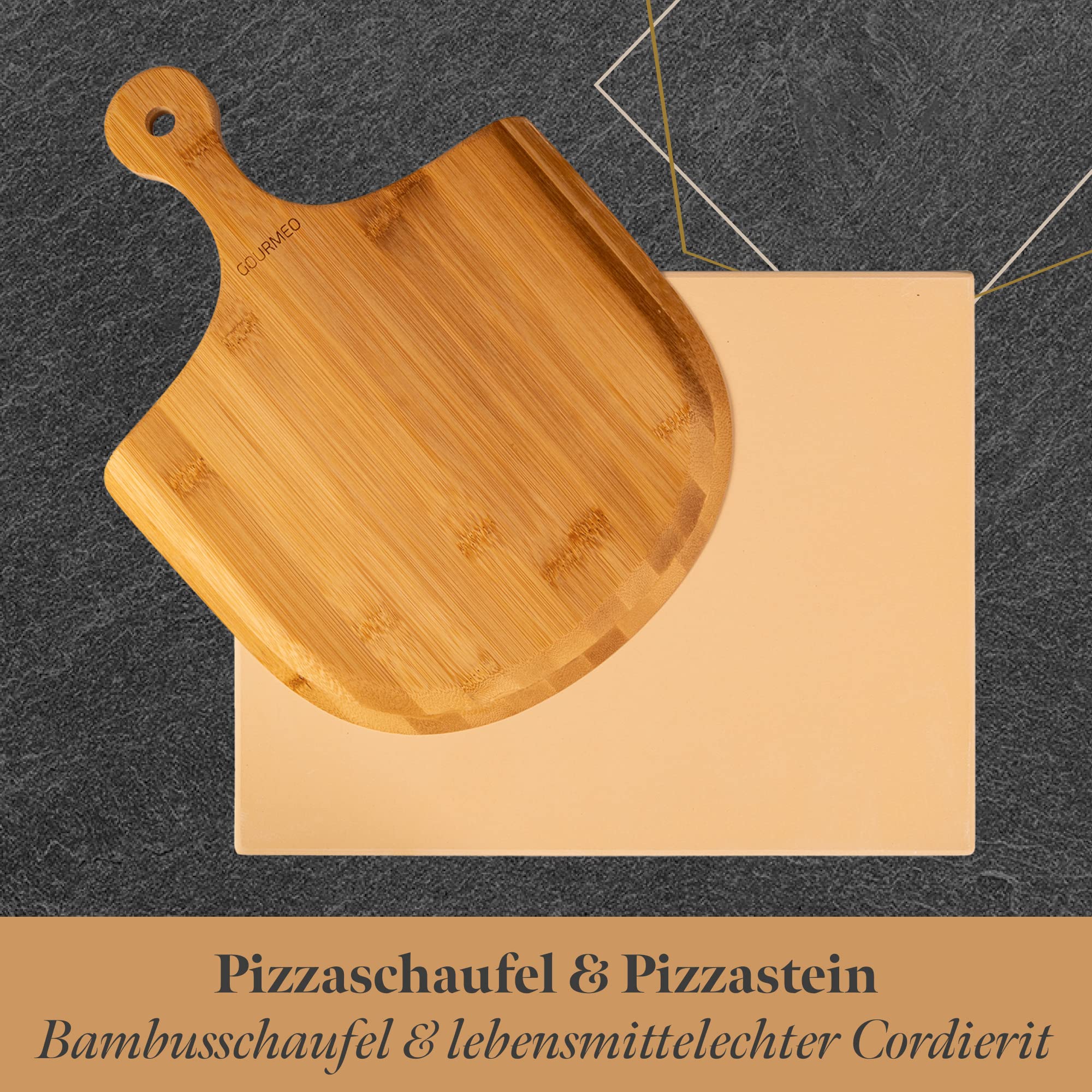 Pizzastein Set mit Bambus-Schaufel - 38x30cm Eckig - Cordierite Pizza Stein für Backofen, Gasgrill & Grill - Gleichmäßige Hitzeverteilung & leichte Reinigung