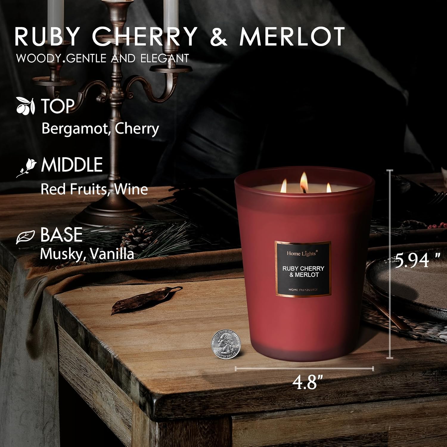 HomeLights Scented Candles - Large Jar Aromatherapy, Natural Soy Wax, 130 Hour Long Burning, Ruby Cherry & Merlot - Image 2