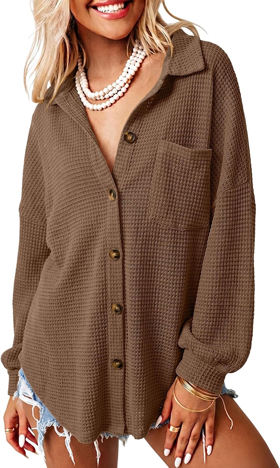 Dokotoo Womens Waffle Knit Shacket Jacket Casual Long Sleeve Button Down Shirts Dressy Blouses Tops
