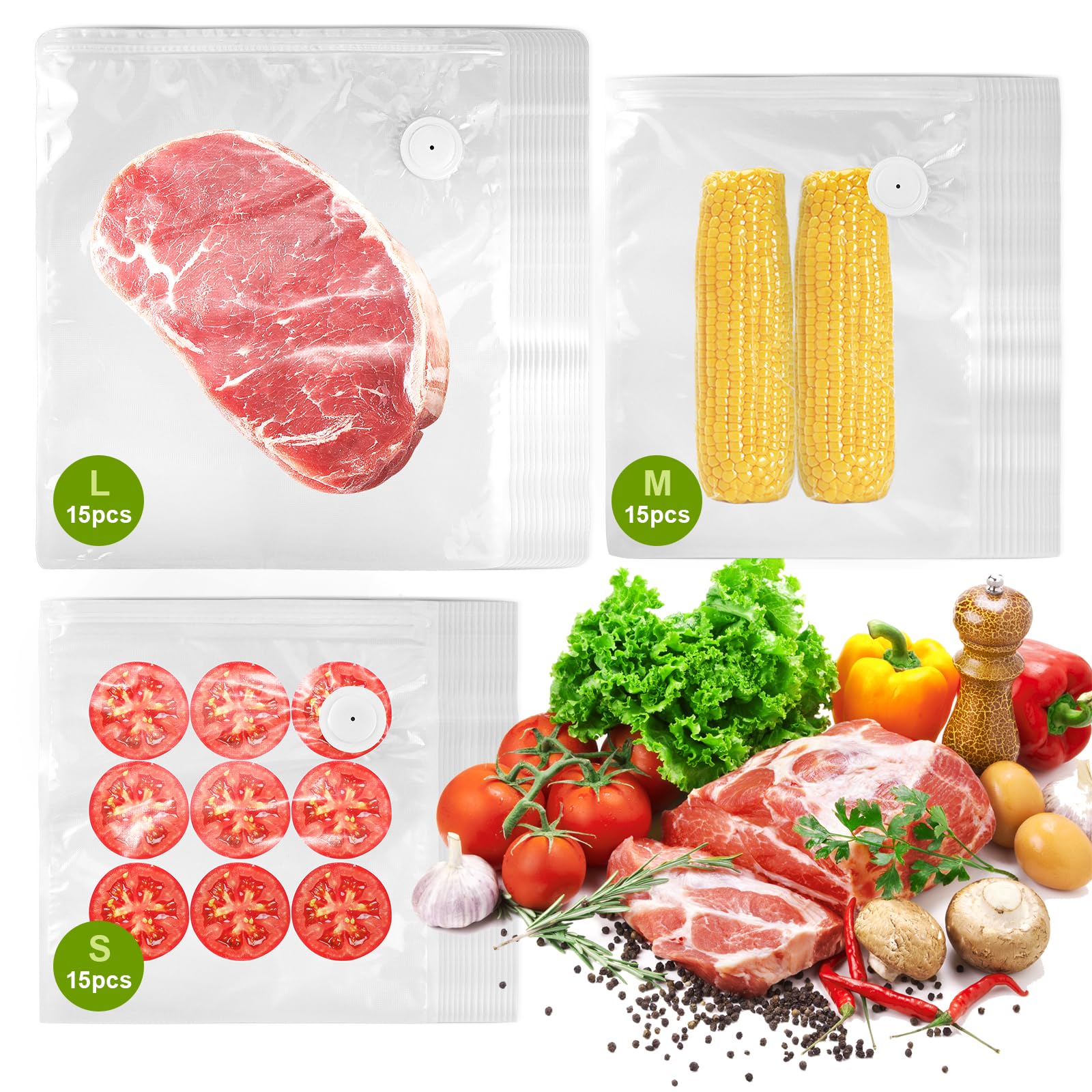 45 Sacchetti Sottovuoto per Alimenti,15x26x28 cm & 15x26x34 cm & 15x33x38 cm,Riutilizzabili con 3 Clip,Sacchetti per Conservazione Sottovuoto con Valvola d'Aria per Freschezza