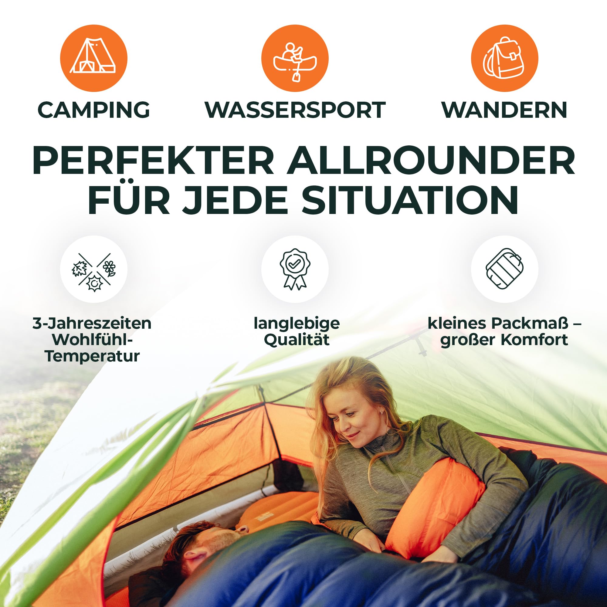 TOURBOLD® Daunenschlafsack Outdoor | 3 Jahreszeiten | Ultraleicht (1250 g) | Kleines Packmaß | Extra Langer Reißverschluss | Komfort-Schnitt | Mumienschlafsack | Camping Trekking Bergsteigen