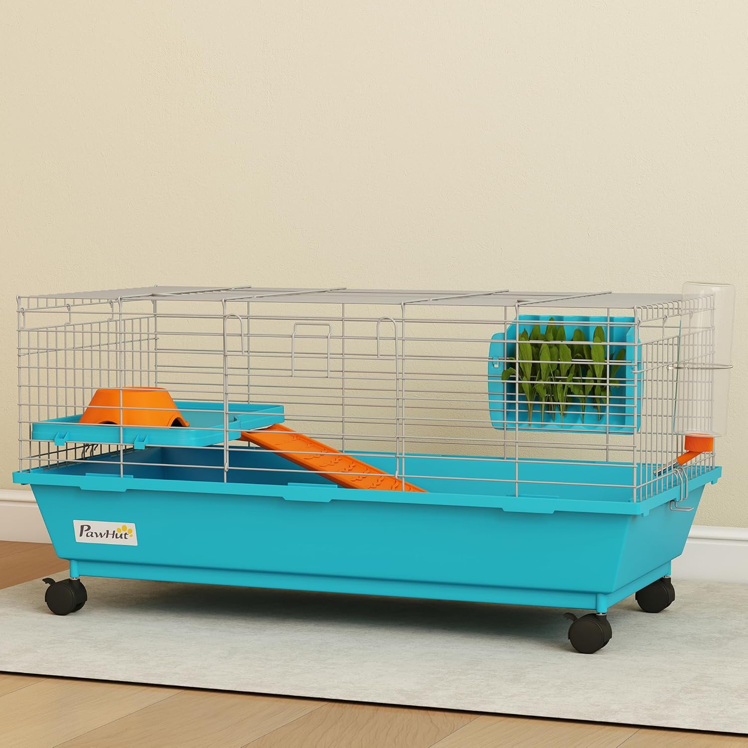 PawHut 35" L Small Animal Cage, Rolling Bunny Cage, Guinea Pig Cage with Food Dish, Water Bottle, Hay Feeder, Platform, Ramp for Chinchilla, Blue