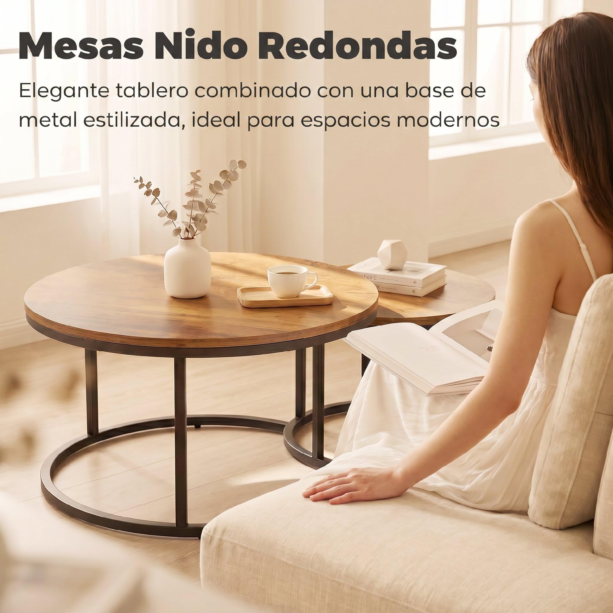 HOMCOM Set de 2 Mesas de Centro Redondas Nido, 60x60x 45 cm, Marrón | Industriales, Estructura Metálica, Salón, Dormitorio u Oficina