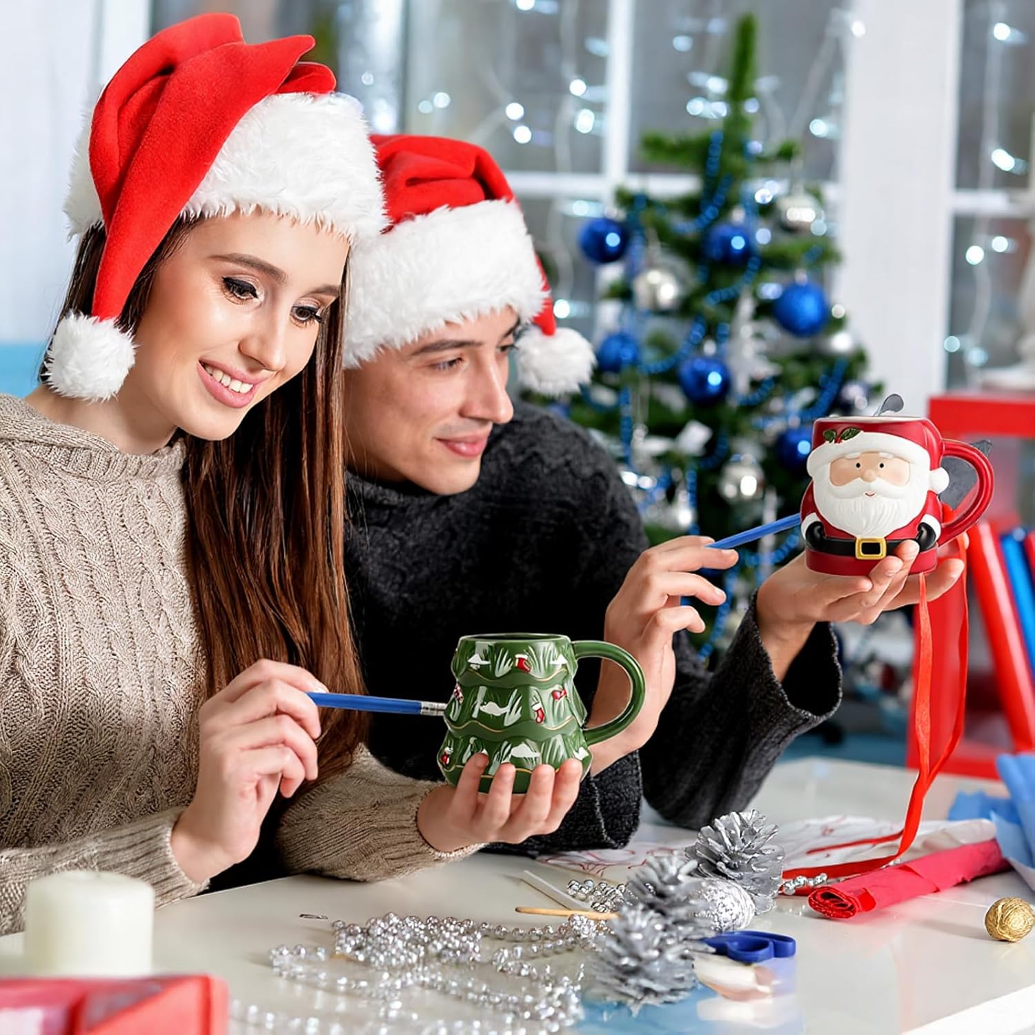 Jingmore 4 Sets Christmas Coffee Mug Paint Craft Kit Paint Your Own Snowman Santa Gingerbread Man Christmas Tree Mug Ceramic DIY for Adults Includes Ceramic White Cup and Painting Supplies for Xmas - Image 5