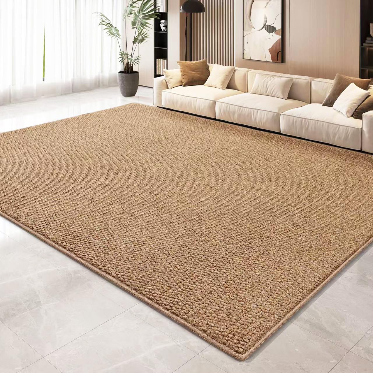 Tapis Modernes de Couleur Unie pour Le Salon Tapis Imitation sisal Grands Tapis Unis pour Chambre à Coucher avec Support antidérapant,Camel,100 * 100cm/3.3 * 3.3ft