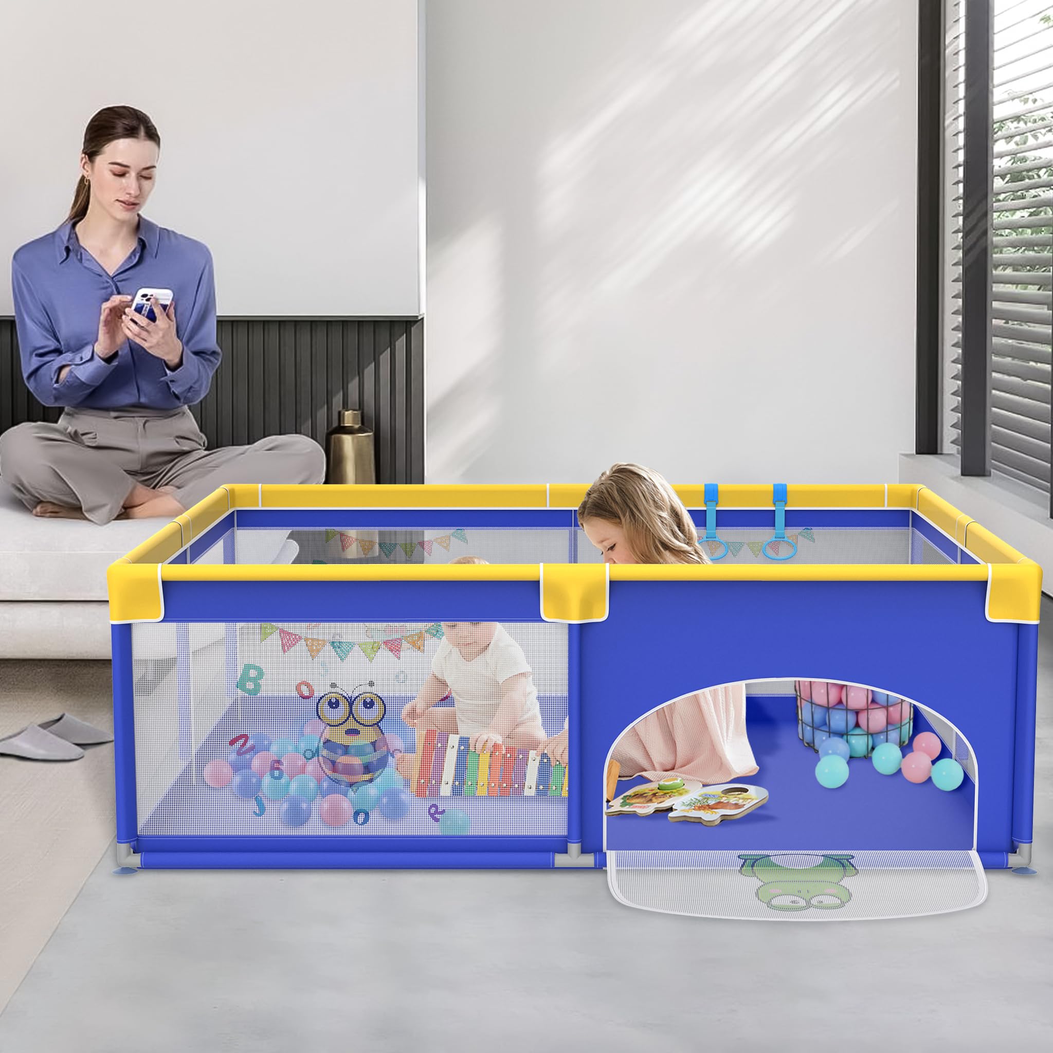 Aufun Box per Bambini, Tela 300D Oxford, con Schiuma Anti-Collisione, Griglia di Blocco, Rete Traspirante, Cerniera (Blu, 180x200x68 cm)