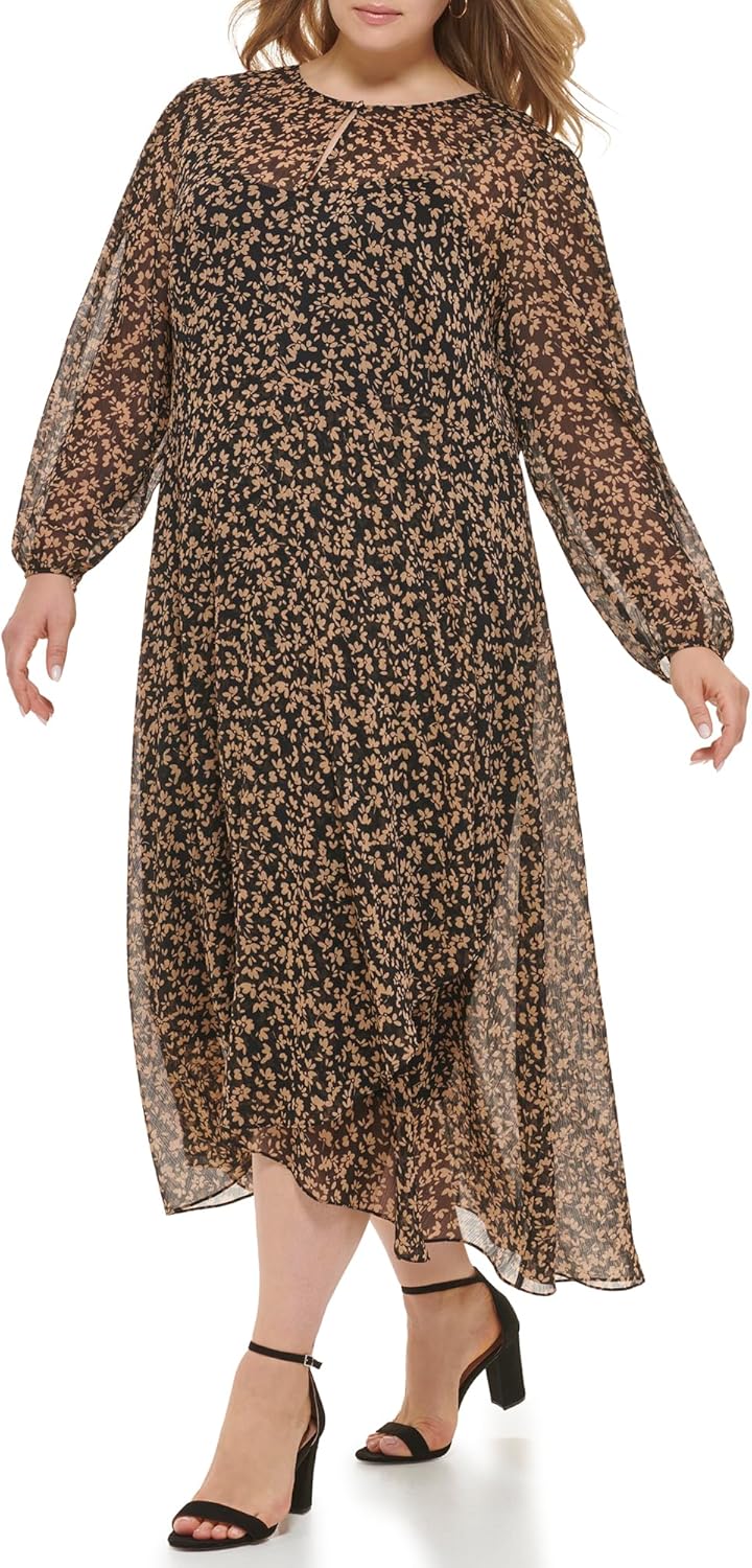 Tommy Hilfiger Women's Long Sleeve High Neck Chiffon Hi Lo Midi Dress - Image 3