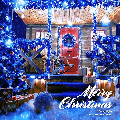 Miniatura 5 de JMEXSUSS 500 luces LED azules de Navidad para exteriores, 173 pies, 8 modos, impermeables, luces de árbol de Navidad, alambre verde, tira de luces