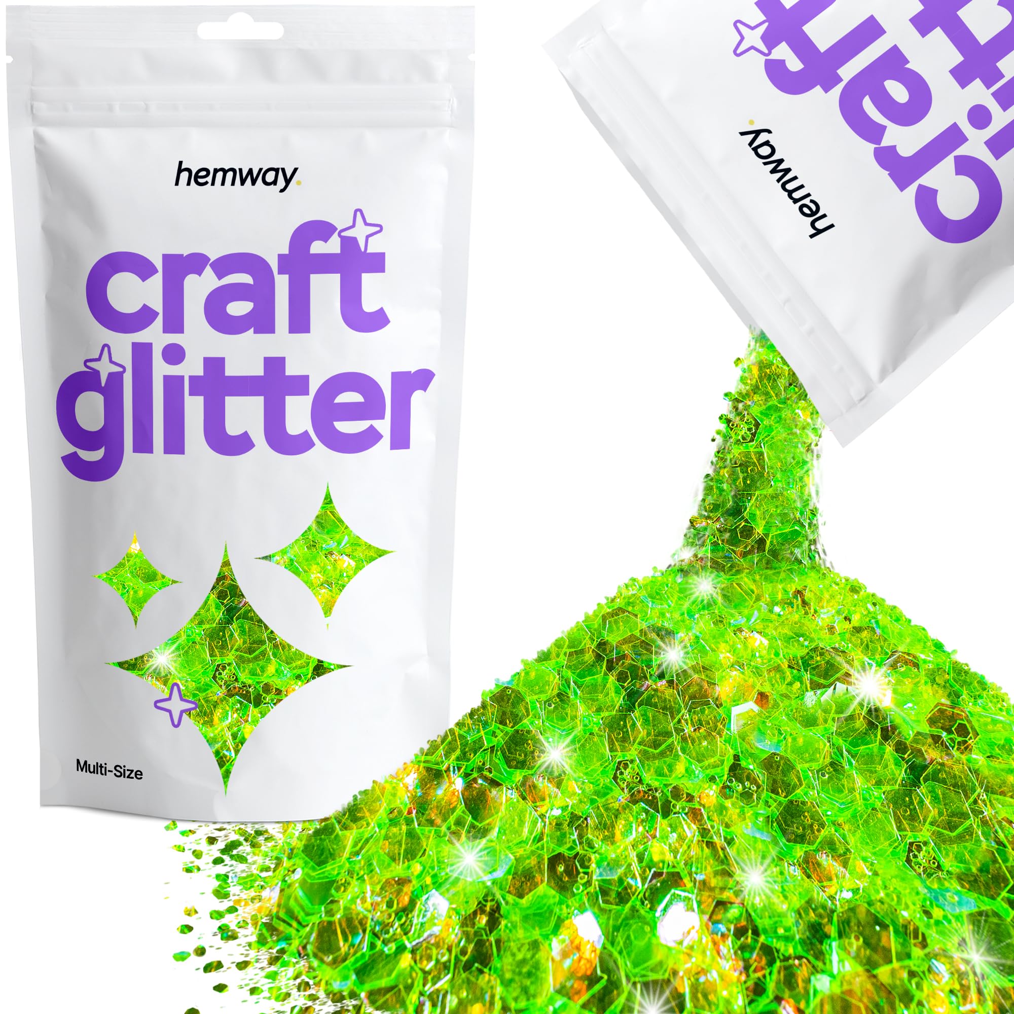 Hemway Craft Glitter Fluorescent Green 100g Multi Size Glitter for Crafts Resin, Cosmetic, Nail, Face, Body, Festival