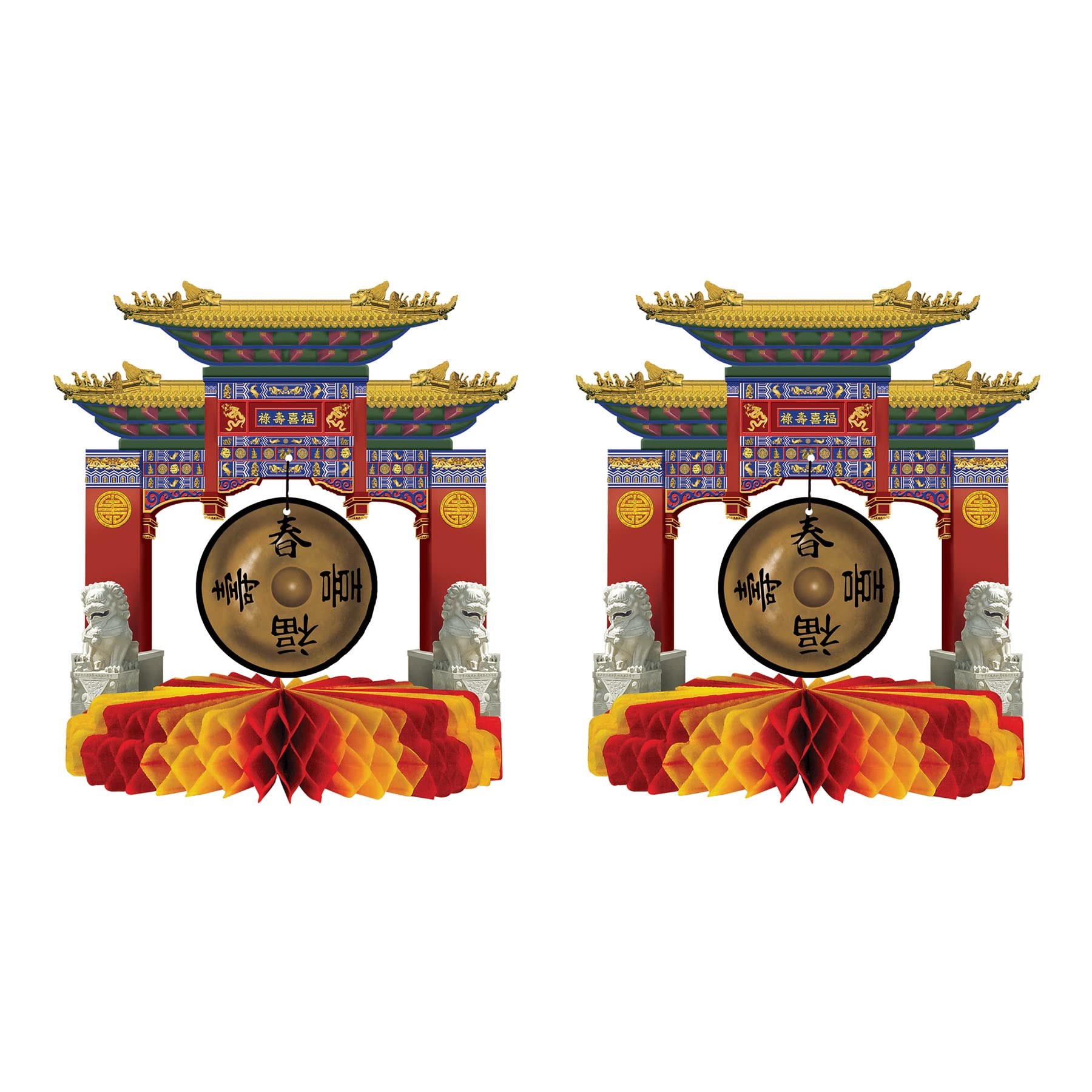 Beistle S50302AZ2 2 Piece Chinese New Year Centerpieces Printed Paper Asian Gongs-Zen Tissue Table Decorations for Parties, Multicolor