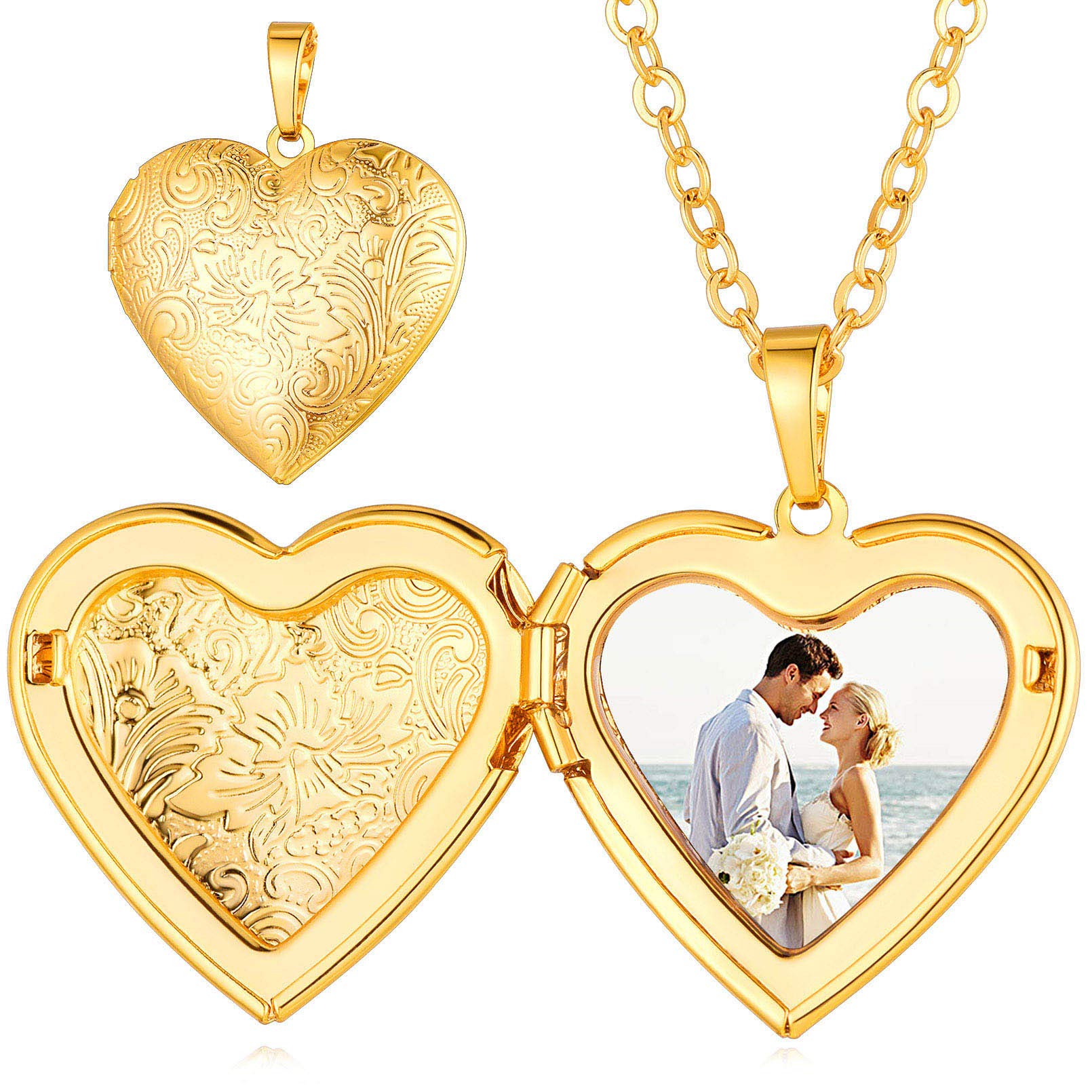 Custom4U Personalized Heart Locket Necklace with Pictures,Sunflower/Angel Wings/Heart Shaped Lockets Custom Photo,Gold/Rose Gold/White Lockets That