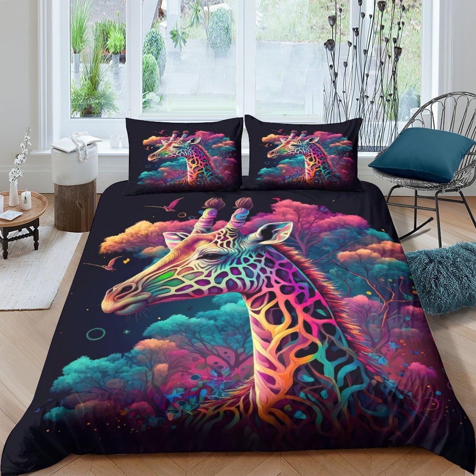 Ctjqhvkz Style-1 3D Printed Neon Giraffe Fitted Sheet Microfiber Soft Breathable Abstract Rainbow Mattress Cover Bedroom Decor Single（135X200cm）