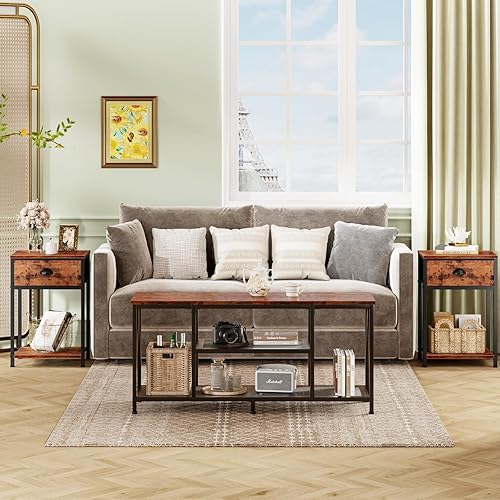 Miniatura 7 de Furologee Juego de 2 mesitas de noche, mesita de noche con cajón de tela y estante de almacenamiento, mesas de noche retro para lugares pequeños,