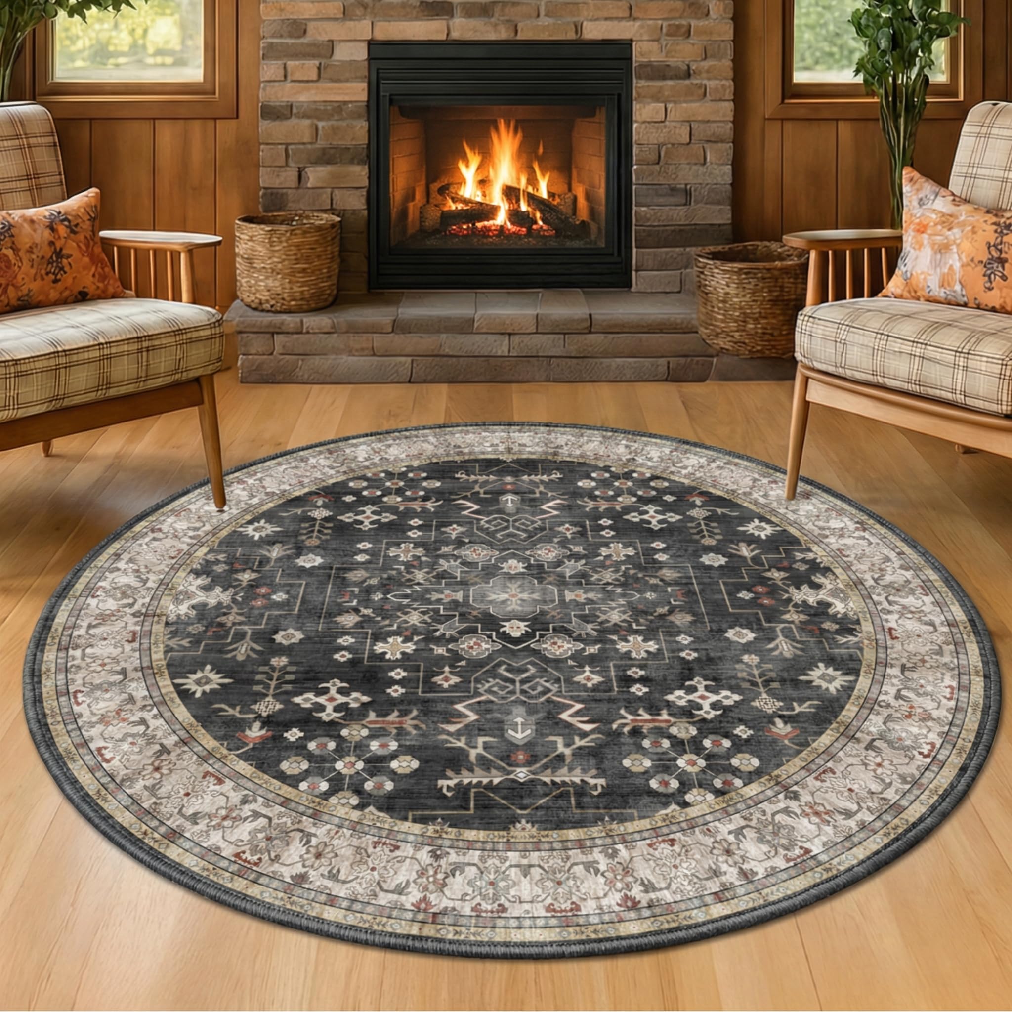 Photo 1 of Black Boho Living Room Round Rug 6ft - Washable Dark Vintage Moody Low Pile Non Slip Circle Carpet for Bedroom, Dining Room, Home Office, Study Room, Modern Farmhouse Circular Area Rug Indoor Décor