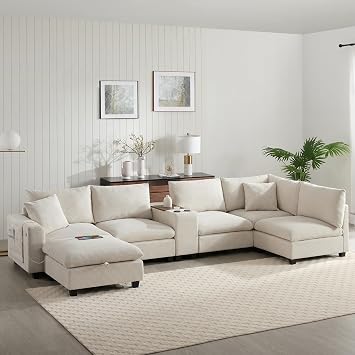 140 Oversized Modular Sectional Sofa with Movable Storage Ottoman and Console,Removable Storage Pockets,Cup Holder,Wide Seat,USB Charger,6 Seat U Shaped Corduroy Couch for Living Room,2 Color