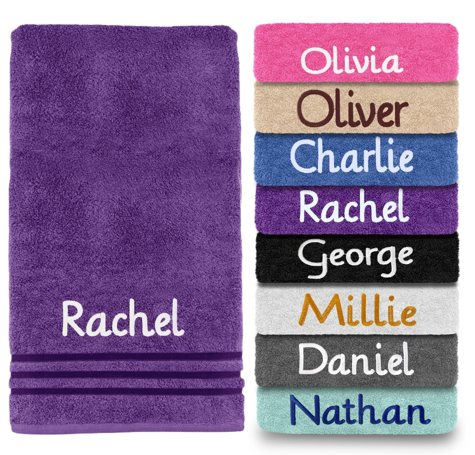 Dream Zone Personalised Embroidered Towels Set ANY NAME | Face Cloth | Hand Towel | Bath Towel | Bath Sheet | Beach Swimming Towel | Supreme 100% Egyptian Cotton 550GSM (Bath Towel, Purple)