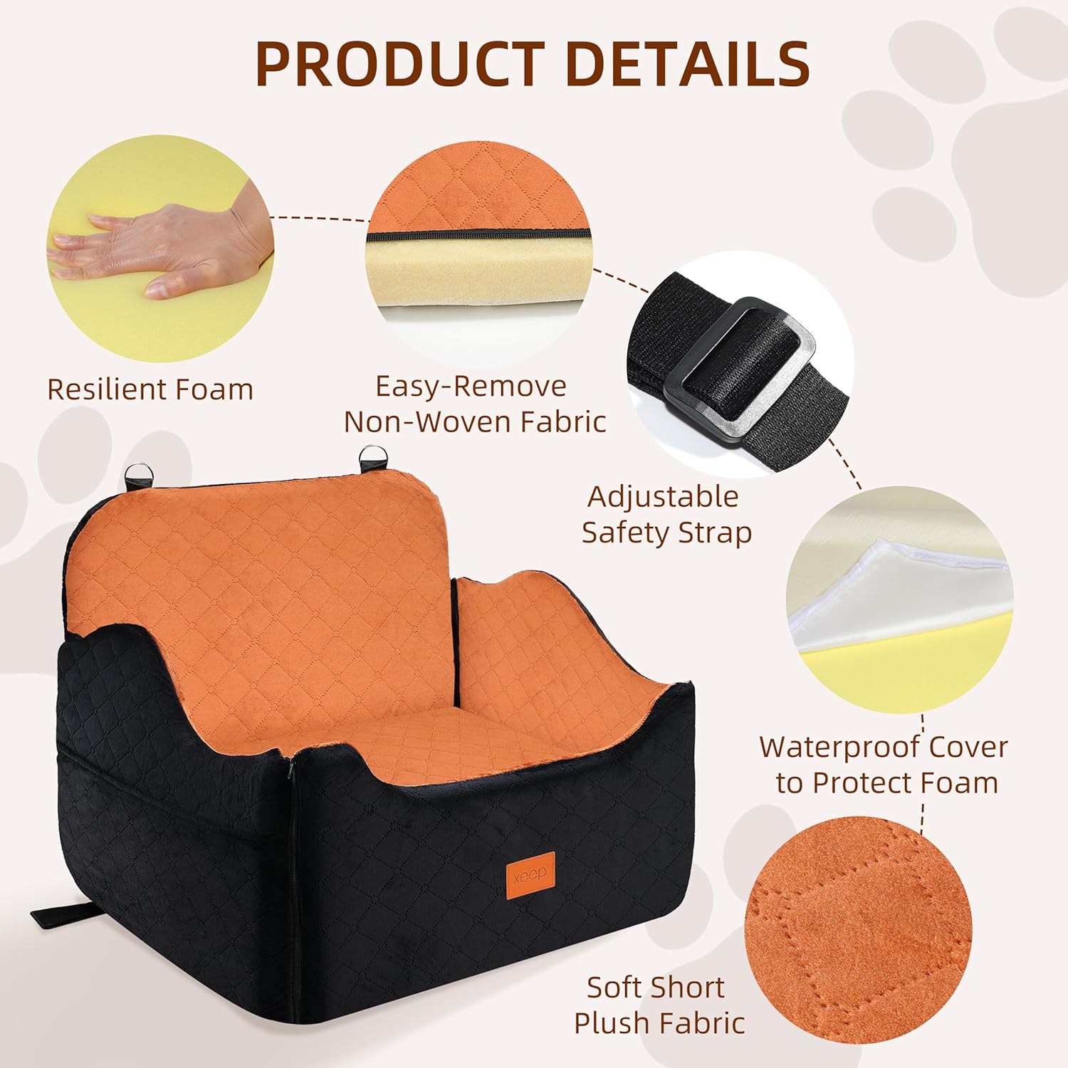 XEEP Dog Car Seat for Medium/Large Dogs Up to 60lbs, Dog Booster Seat with Memory Foam Cushion, Washable Pet Car Seat with Safety Belt & Pee Pad & Blanket, Fits in Back Seat(Black/Brown)