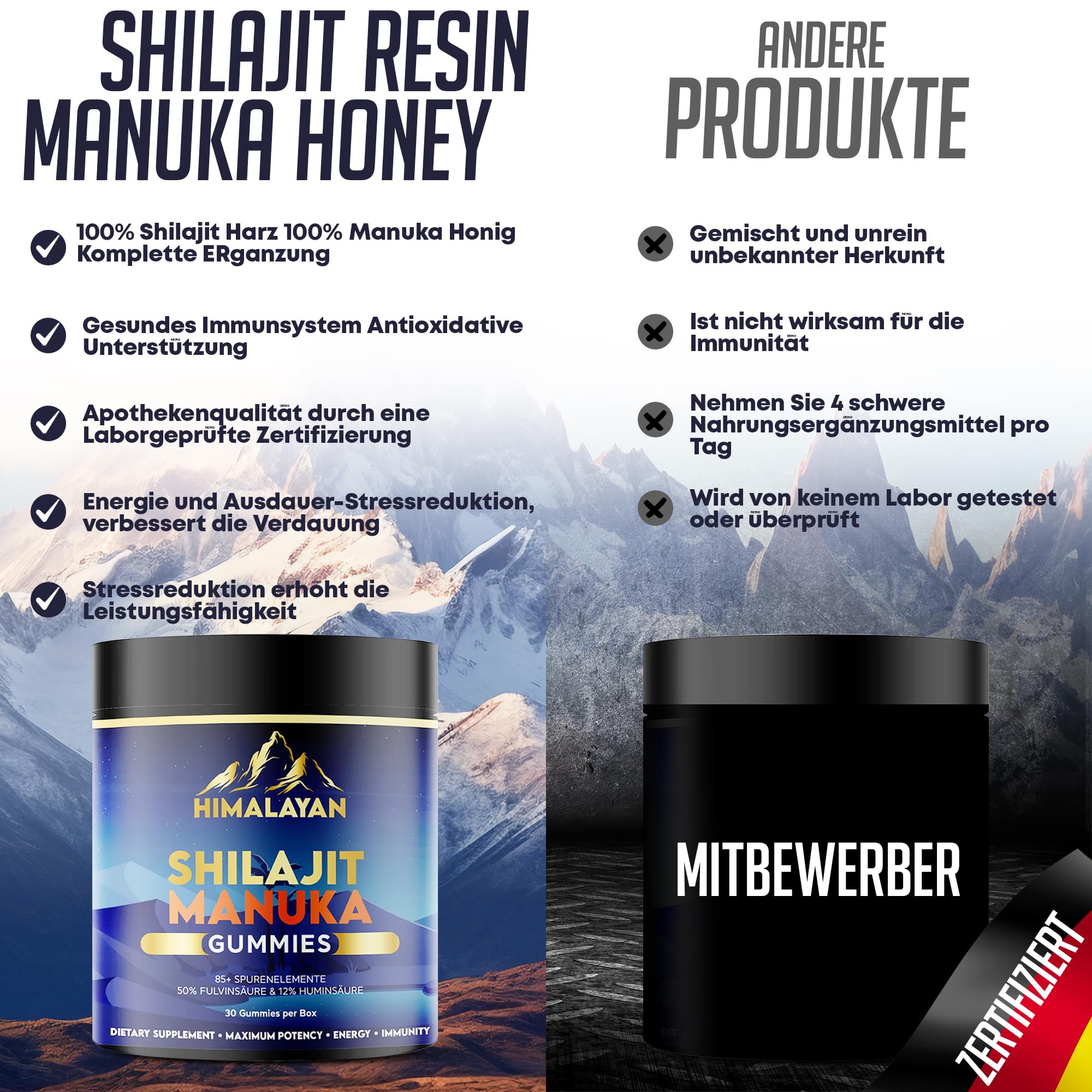 Shilajit Himalaya & Manuka Honig MGO 263 – Zuckerfreie Veggie Wohlfühl-Gummibärchen – Deine tägliche Unterstützung für Energie, Immunsystem & innere Balance