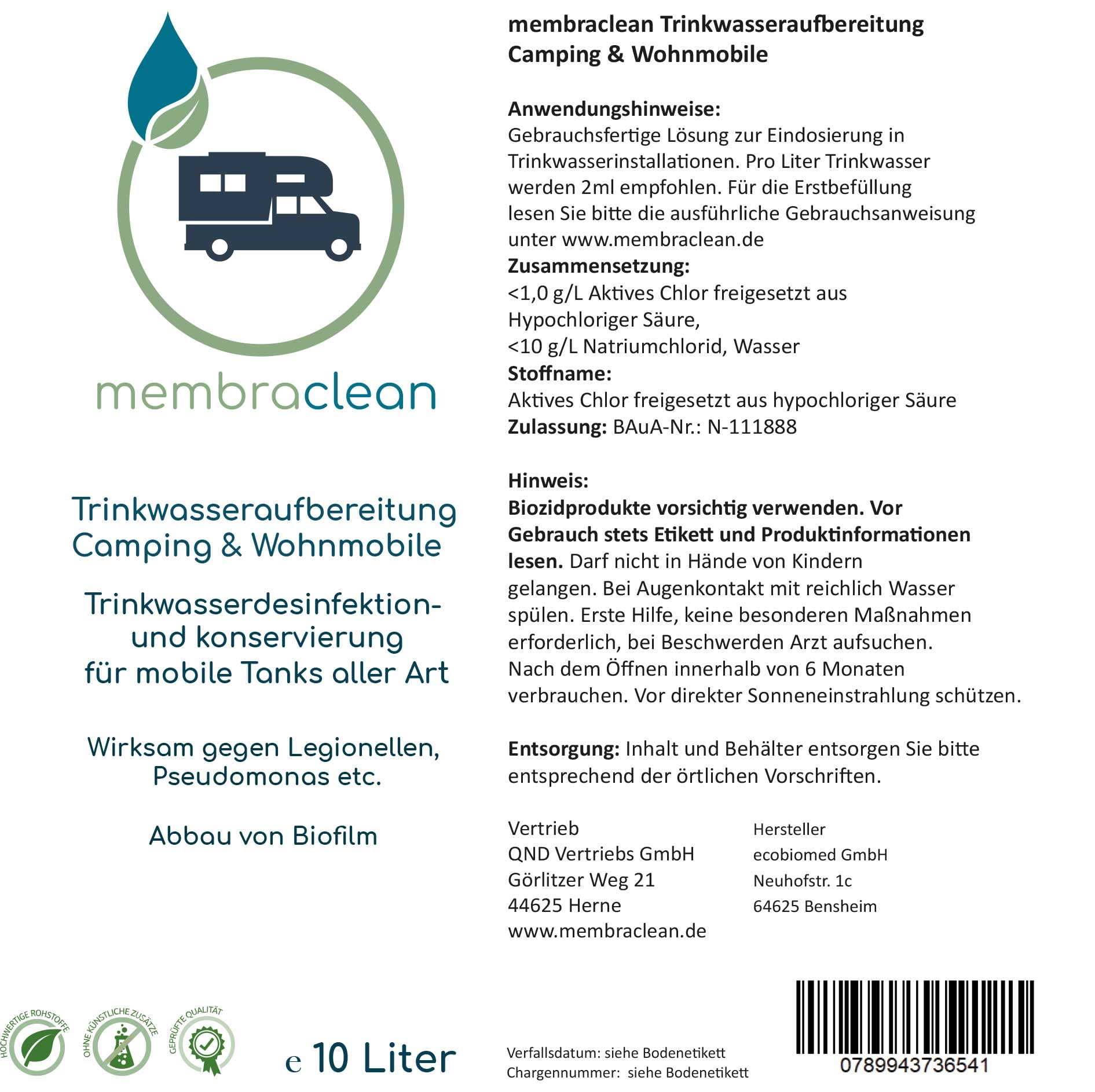10 Liter membraclean Trinkwasseraufbereitung Camping & Wohnmobile | Für sicheres Trinkwasser unterwegs: Trinkwasser aufbereiten, konservieren und Biofilm abbauen