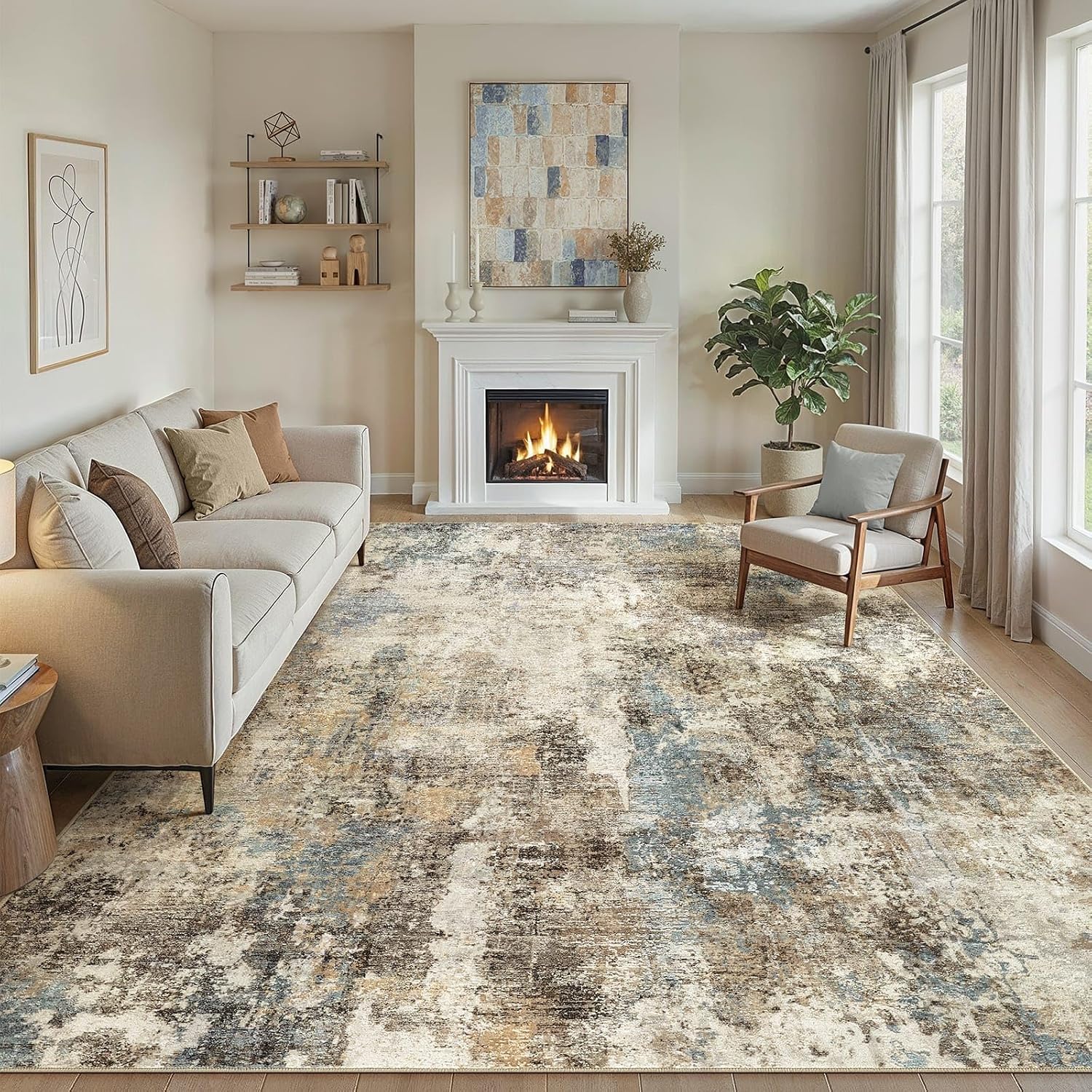 10x14 Area Rug Washable Abstract Rugs for Living Room Brown/Teal/Blue