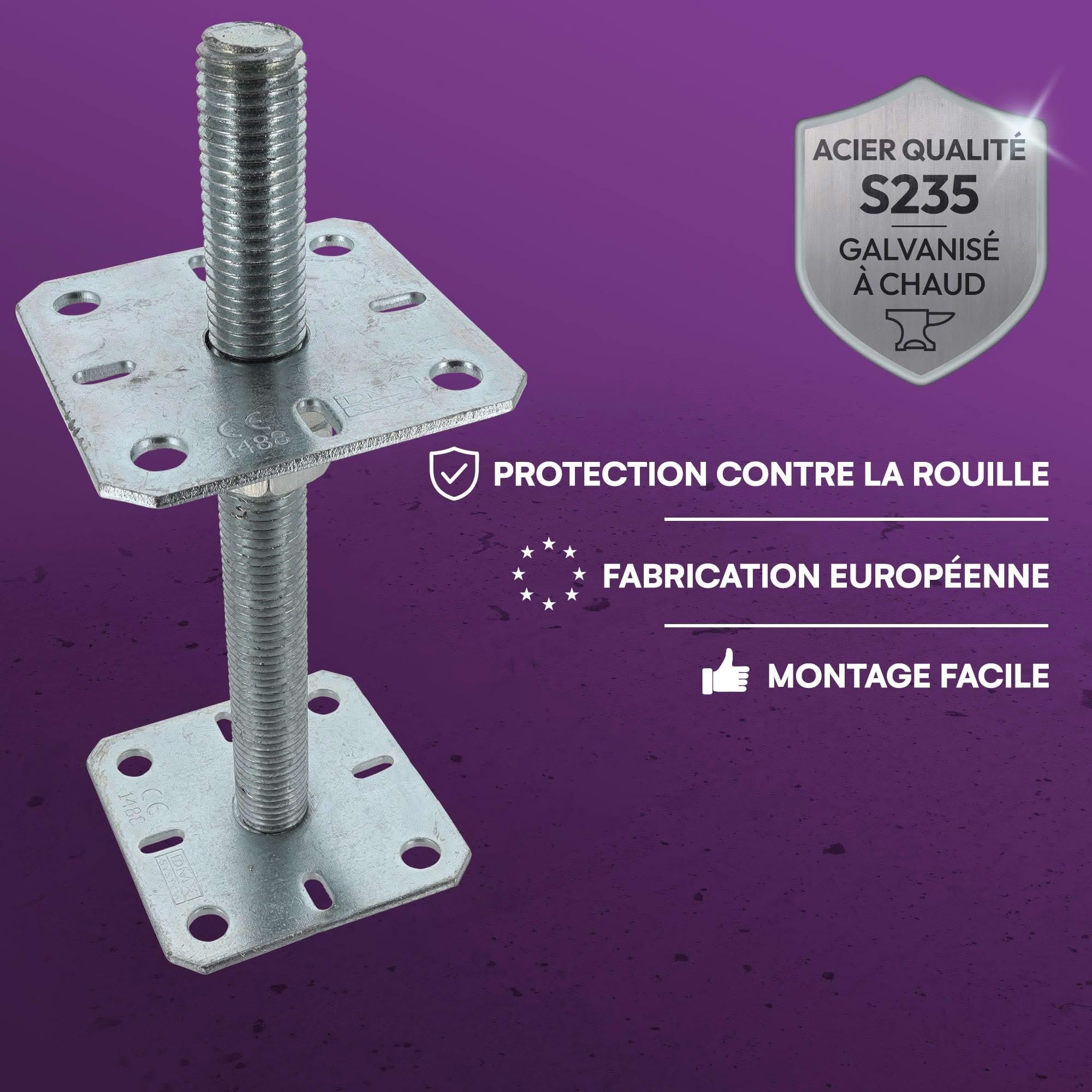 4 embases pied de poteau carrée réglable par vis - à visser - Platine 100x100mm - M24 - Acier galvanisé - Fabrication Europe