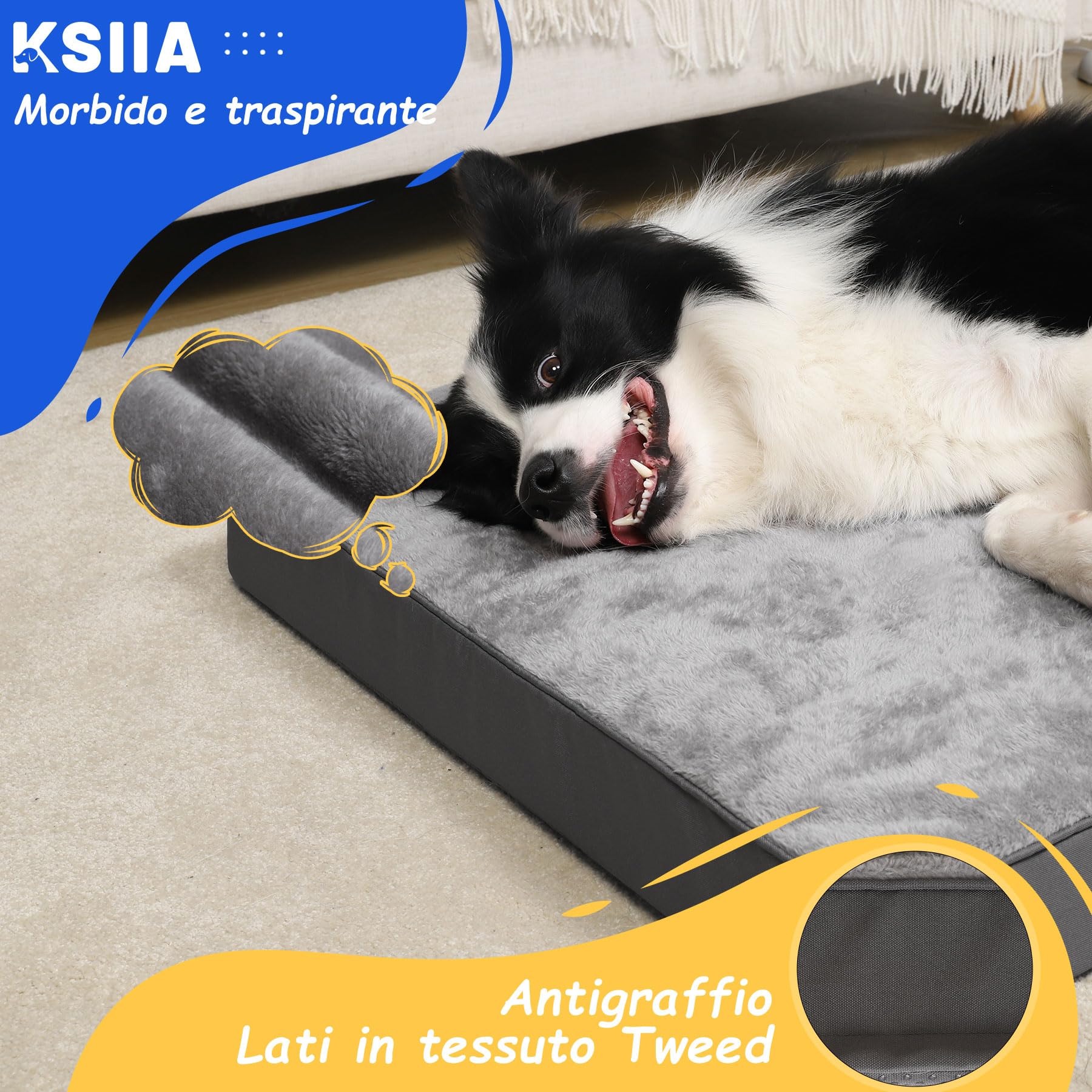 KSIIA Cuscino per Cani Taglia Grande e Media, Sfoderabile e Lavabile, Ortopedico Foam Lettino per Cani, Base Antiscivolo, Lavabile in Lavatrice, Materassino Cane, Grigio, 90x55x7cm