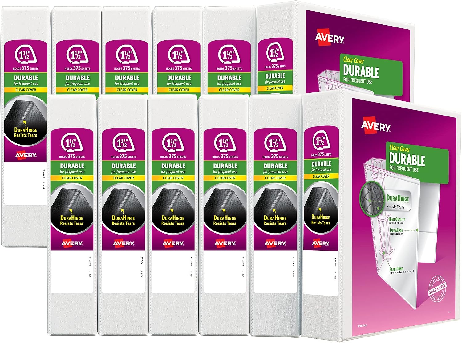 Avery Durable View 3 Ring Binder, 1-1/2 Inch Slant Rings, 12 White Binders (17002)